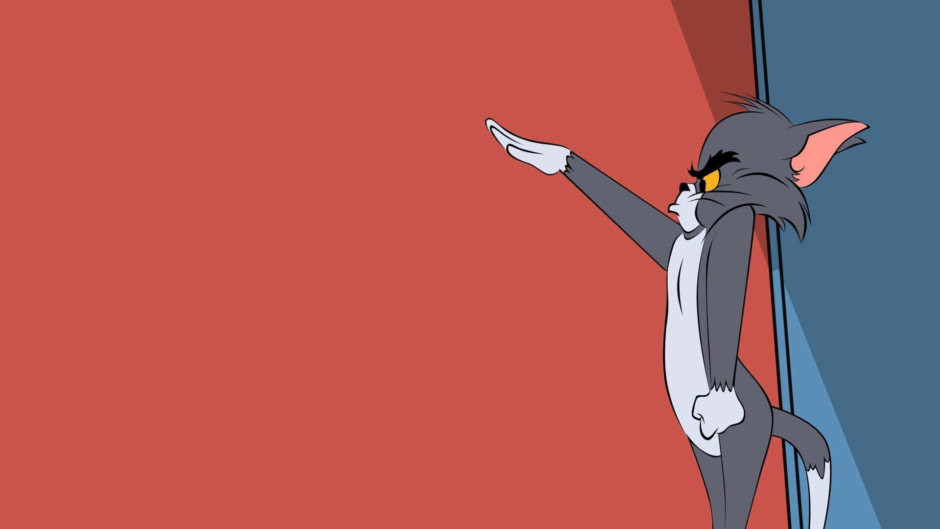 Tom And Jerry Funny 桌布 壁紙 — 經典卡通中的湯姆貓靠在牆上，在紅色和藍色背景上帶著頑皮的笑容指著。