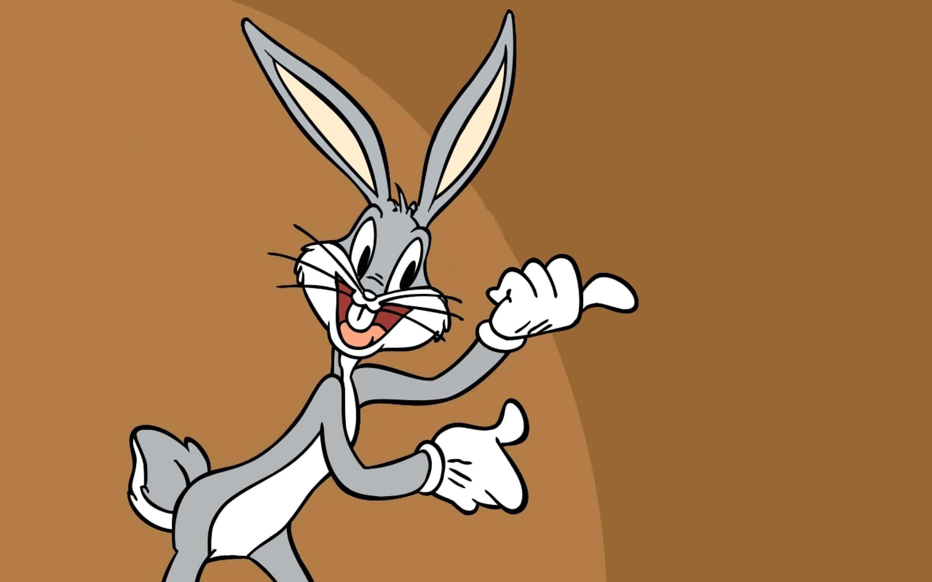 兔巴哥 桌布 壁紙 — 經典卡通兔巴哥（Bugs Bunny）在純棕色背景上咧嘴笑著並愉快地指著。