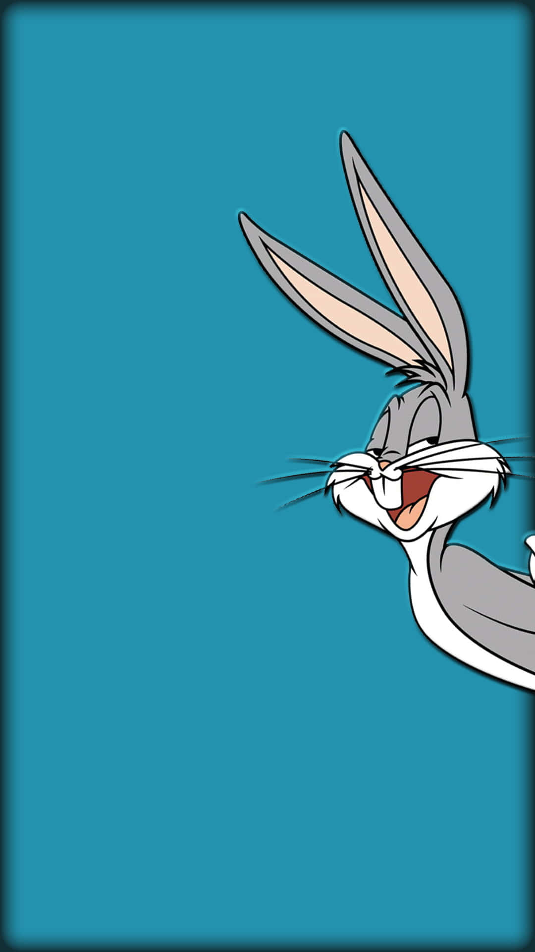 Bugs Bunny iPhone 桌布 壁紙 — 經典卡通兔巴哥在純青色背景上頑皮地咧嘴笑。