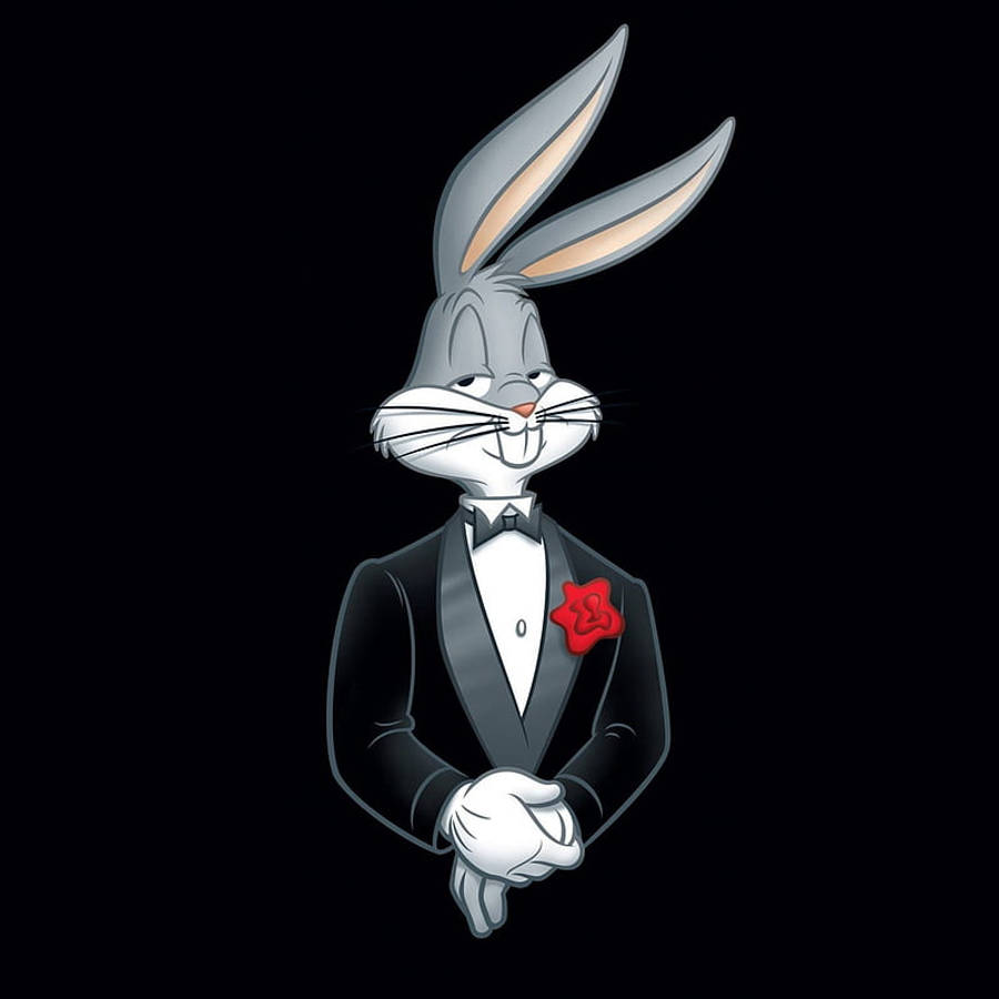 Gangsta Cartoon 桌布 壁紙 — 經典卡通兔巴哥身穿俐落黑色燕尾服，配以紅色玫瑰胸花，在純黑背景前。