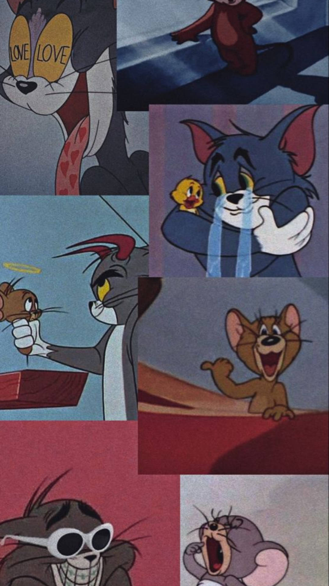 湯姆與傑利 桌布 壁紙 — 經典卡通場景拼貼畫， featuring Tom and Jerry 在各種表情豐富的時刻。