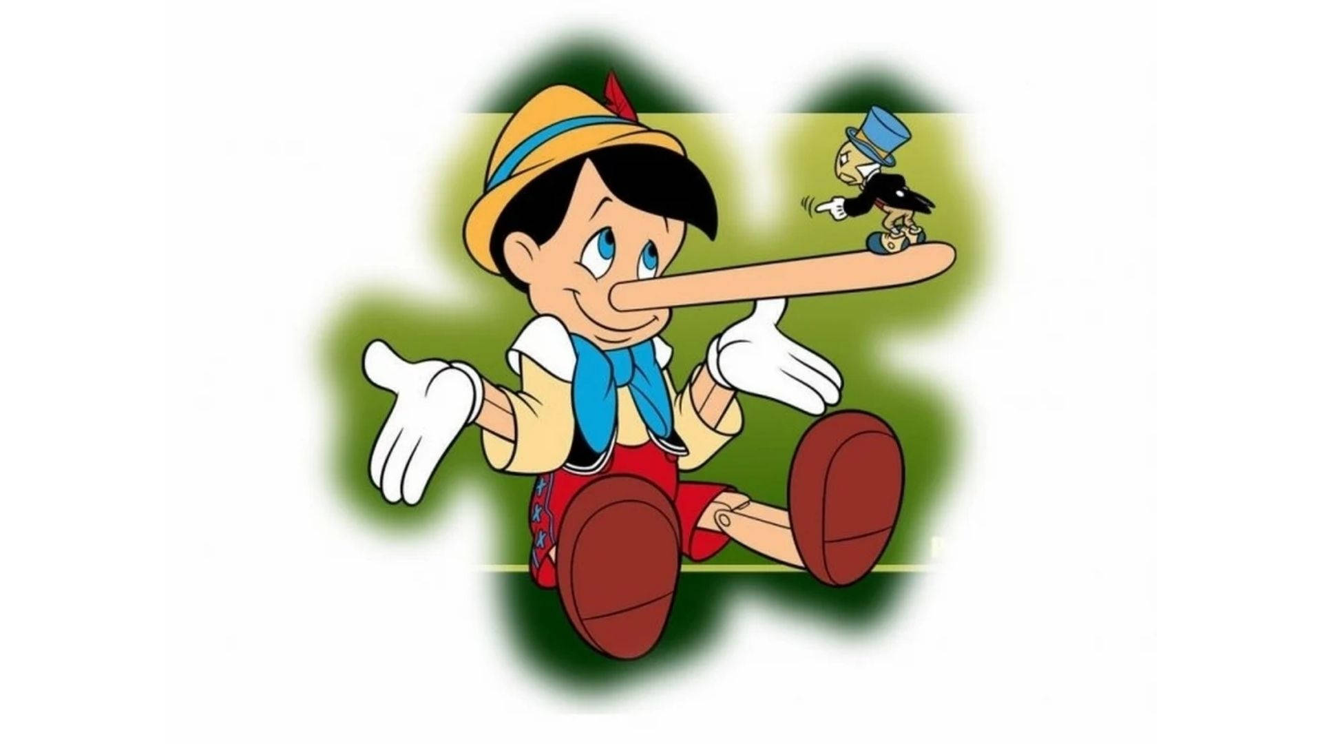 Pinocchio 桌布 壁紙 — 經典卡通小木偶皮諾丘，長鼻子、藍眼睛，微笑坐著，一個戴藍色小帽子的小人兒坐在他的鼻子上。