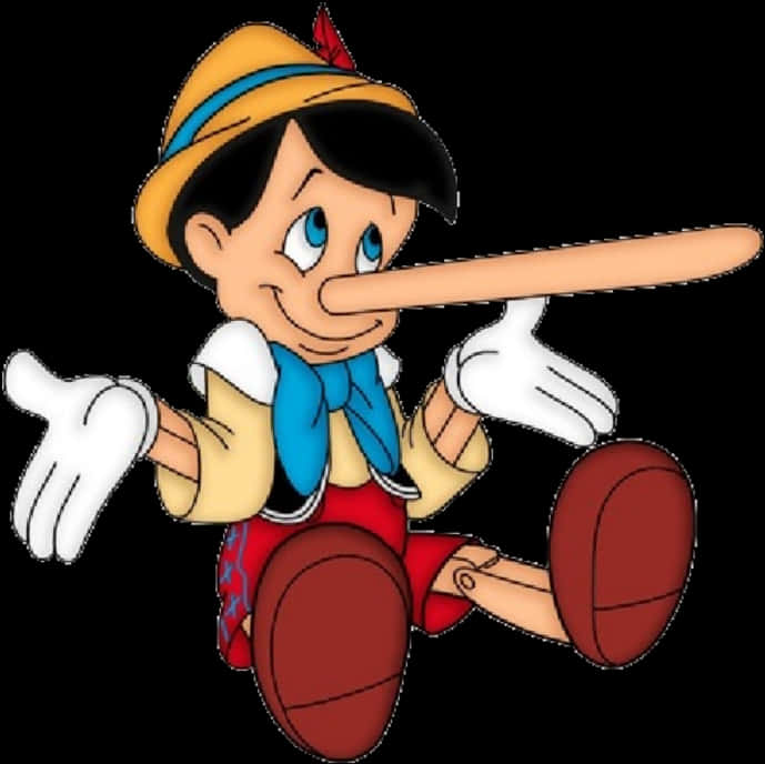 Nose 桌布 壁紙 — 經典卡通小木偶皮諾丘，鼻子超大，表情歡樂，在黑色背景上半跳躍。