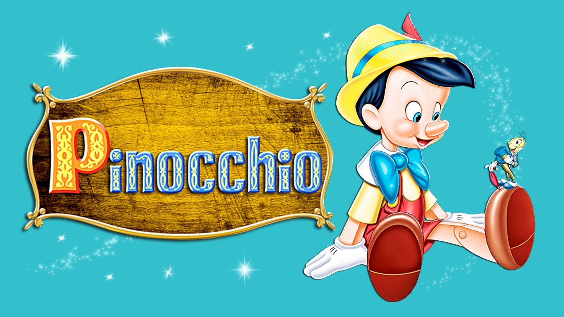 Pinocchio 桌布 壁紙 — 經典卡通小木偶皮諾丘在閃閃發光的青綠色背景上，微笑地站在一個帶有他名字的金色標誌旁邊。
