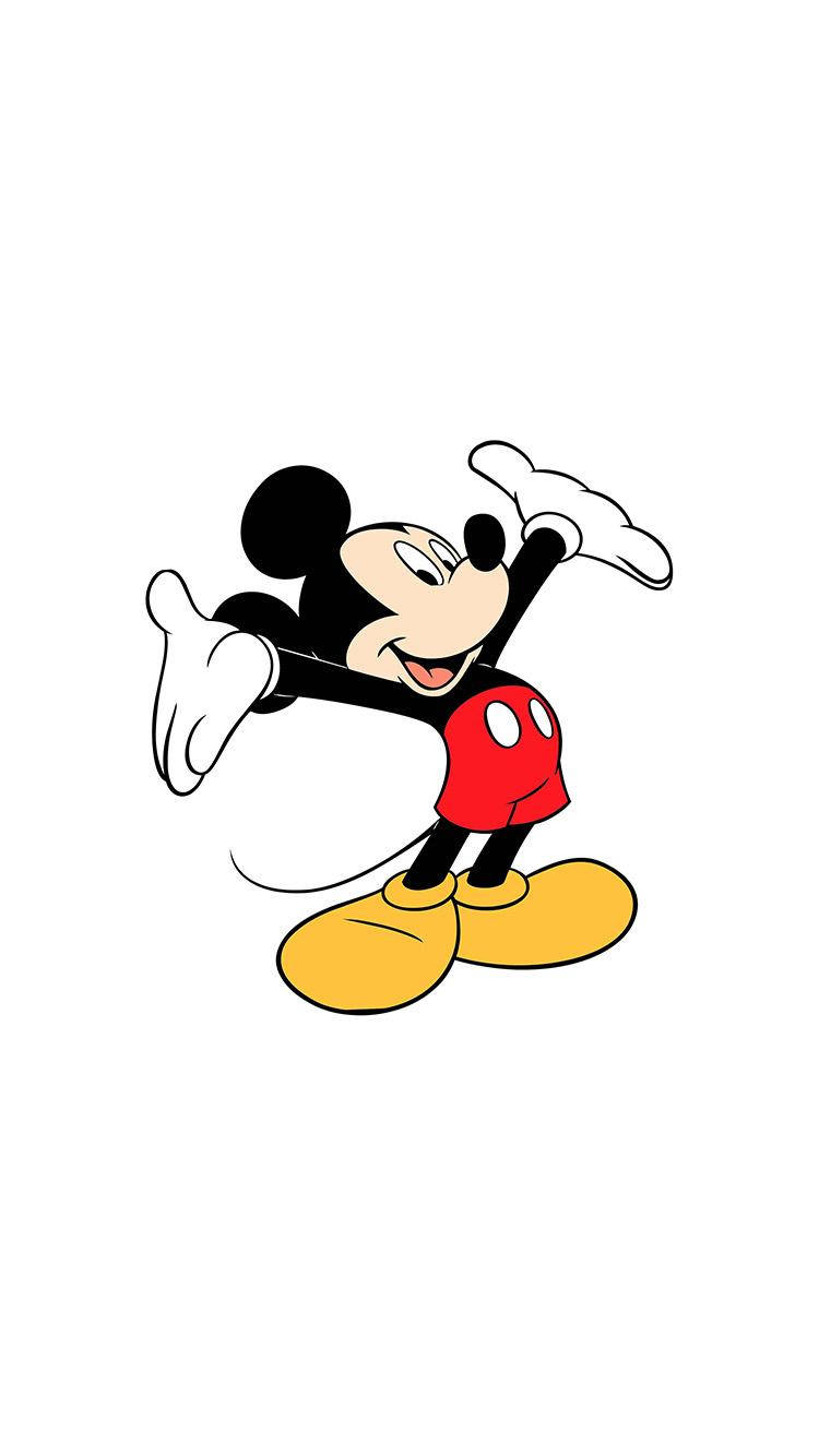 Mickey 桌布 壁紙 — 經典卡通米奇老鼠在簡單的白色背景上，以粗線條和鮮豔色彩愉快地揮手。