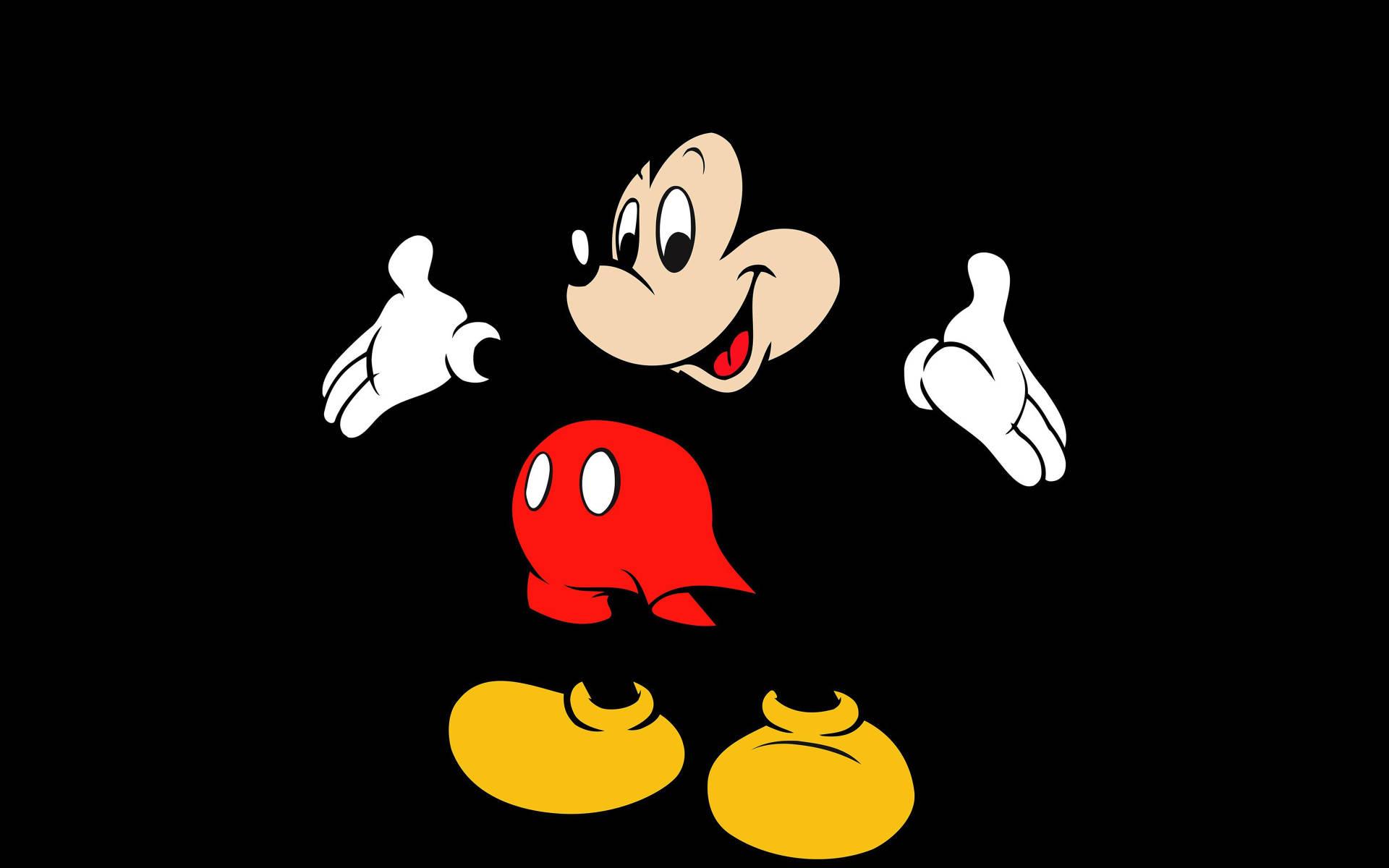 Animated Cartoon 桌布 壁紙 — 經典卡通米奇老鼠在純黑色背景上愉快地微笑，穿著他標誌性的紅色短褲和黃色鞋子。