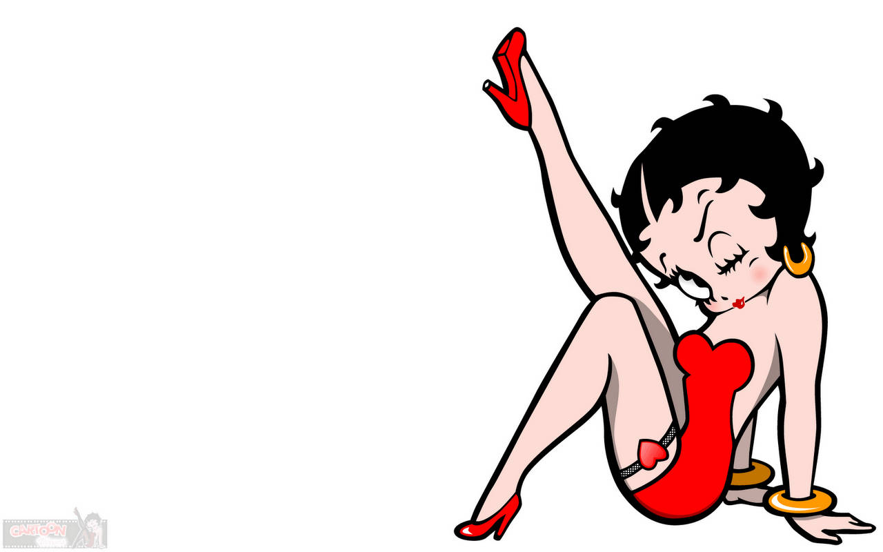 boop 桌布 壁紙 — 經典卡通角色 Betty Boop 穿著紅色內衣和高跟鞋，在純白色背景前俏皮地坐著。