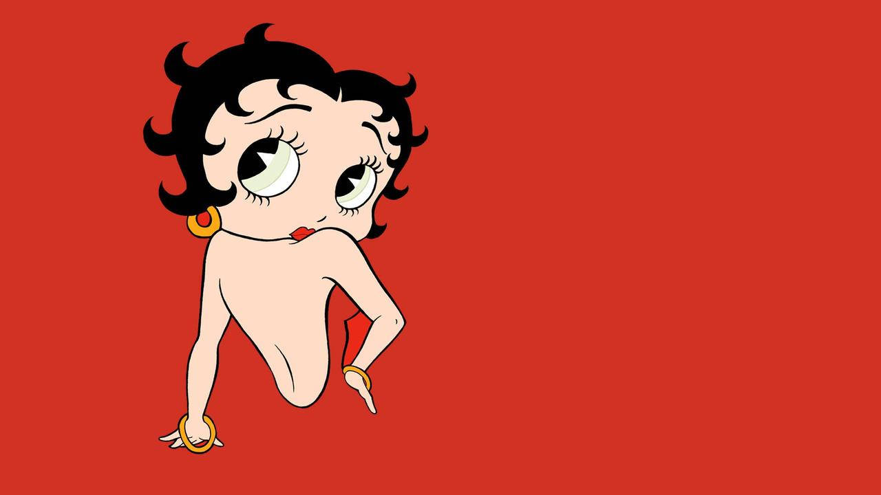 boop 桌布 壁紙 — 經典卡通角色 Betty Boop 在純紅色背景前擺出俏皮姿勢，帶有醒目黑色捲髮和金環首飾。