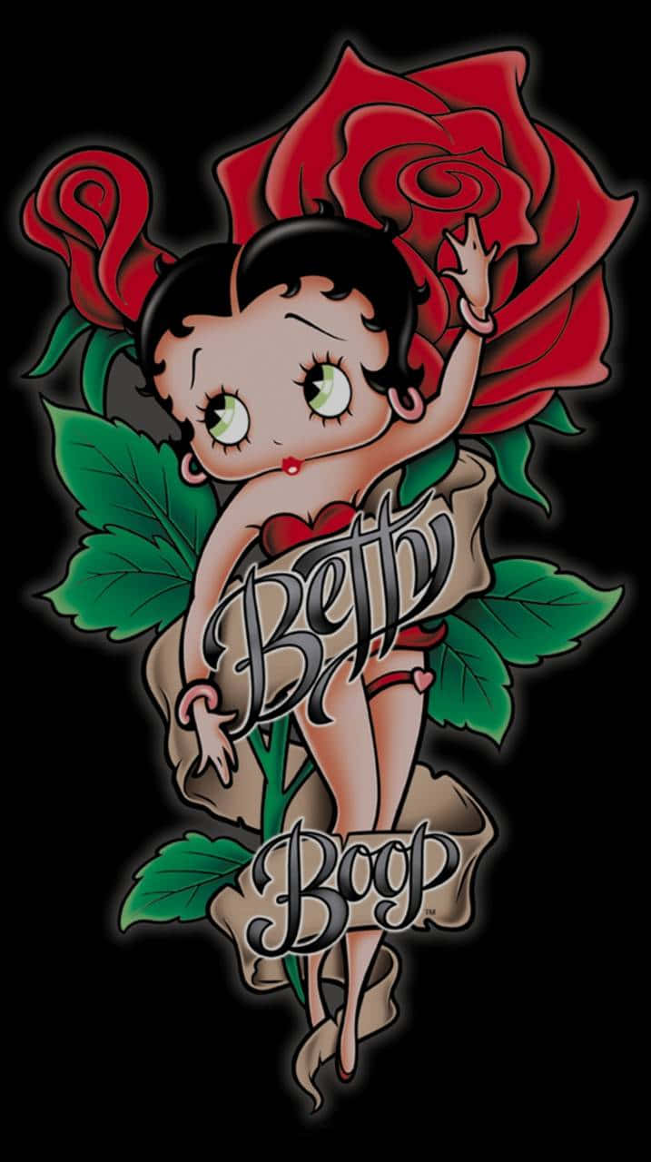 貝蒂娃娃 桌布 壁紙 — 經典卡通角色 Betty Boop 緊抓著一朵帶有綠葉的大紅玫瑰，背景為黑色。