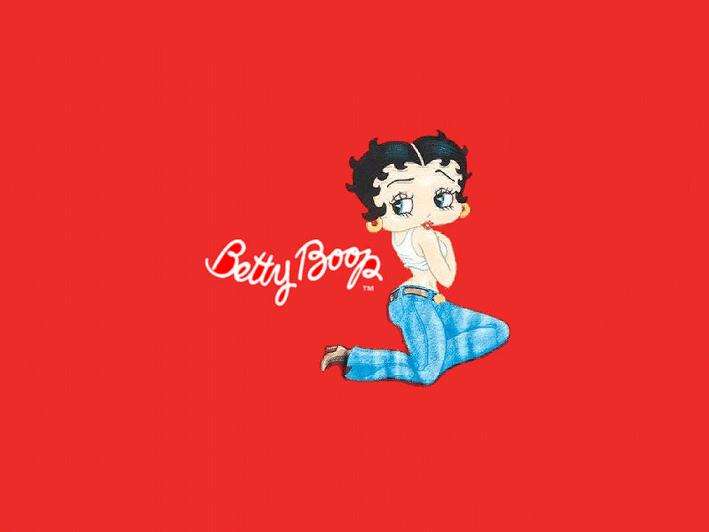 boop 桌布 壁紙 — 經典卡通角色 Betty Boop 在鮮紅色背景上跪下，身穿她標誌性的白色上衣和藍色牛仔褲。