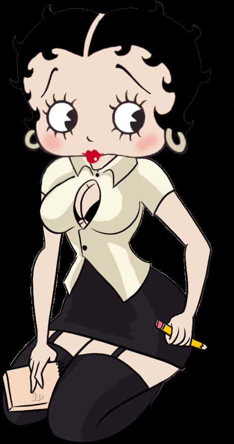 貝蒂娃娃 桌布 壁紙 — 經典卡通角色 Betty Boop 跪著，手持鉛筆和書本，背景為黑色。