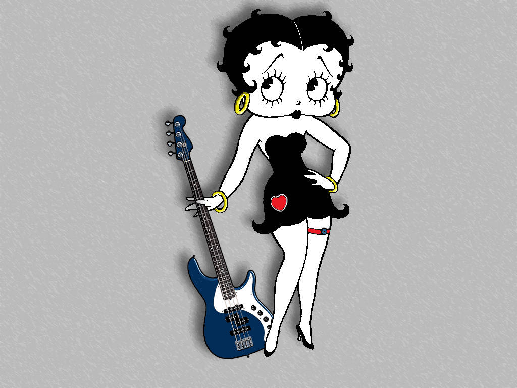 boop 桌布 壁紙 — 經典卡通角色 Betty Boop 自信地擺姿勢，手持藍色低音吉他，背景為純灰色。