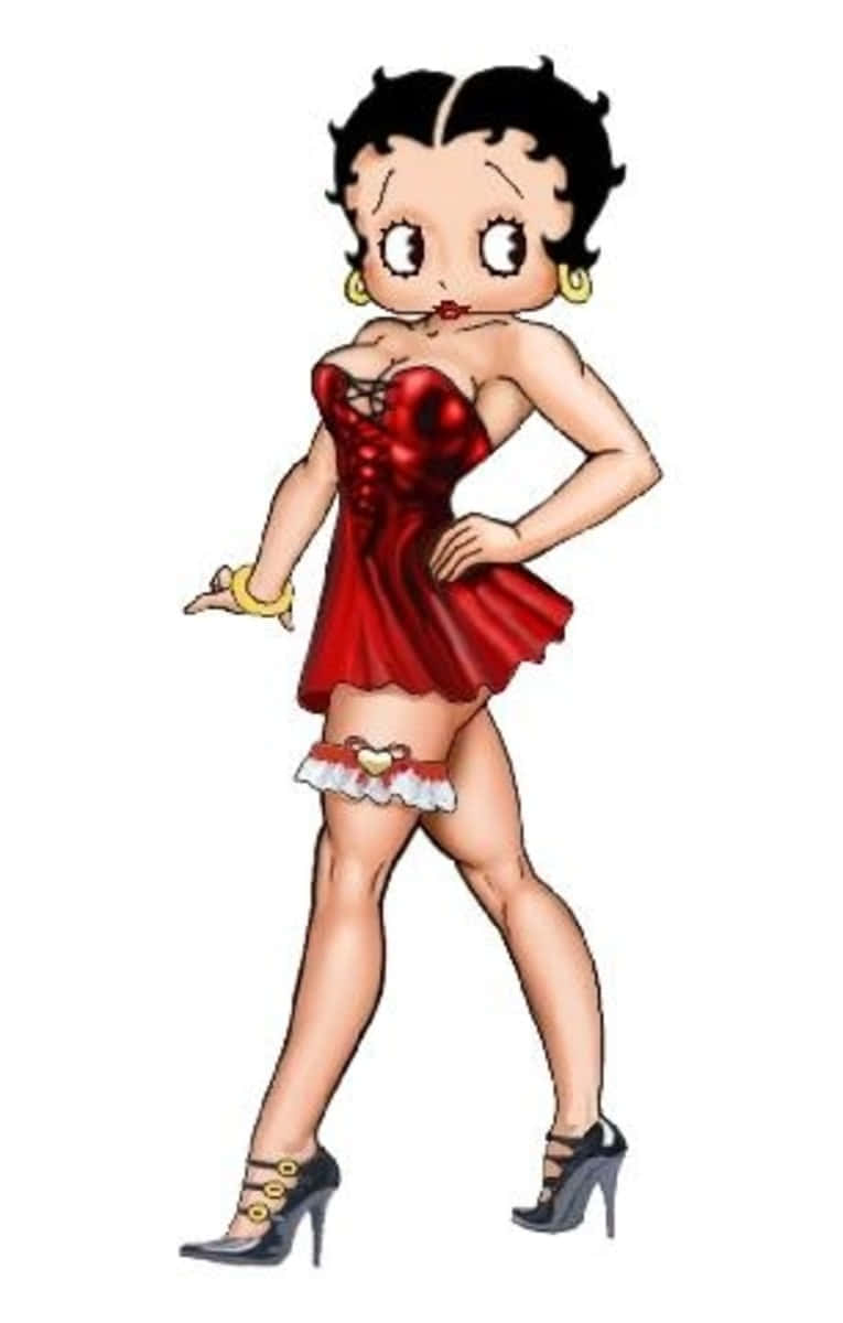 貝蒂娃娃 桌布 壁紙 — 經典卡通角色 Betty Boop 身穿紅色束腰連衣裙和高跟鞋，擺出自信的姿勢。