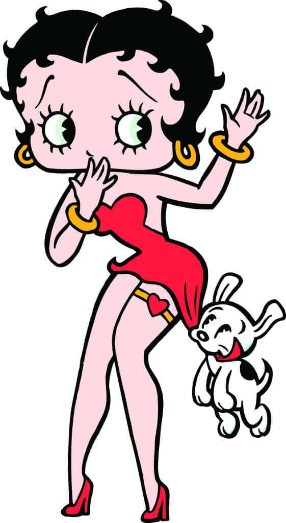 貝蒂娃娃 桌布 壁紙 — 經典卡通角色 Betty Boop 身穿紅色連衣裙和高跟鞋，與她的狗一起揮手。