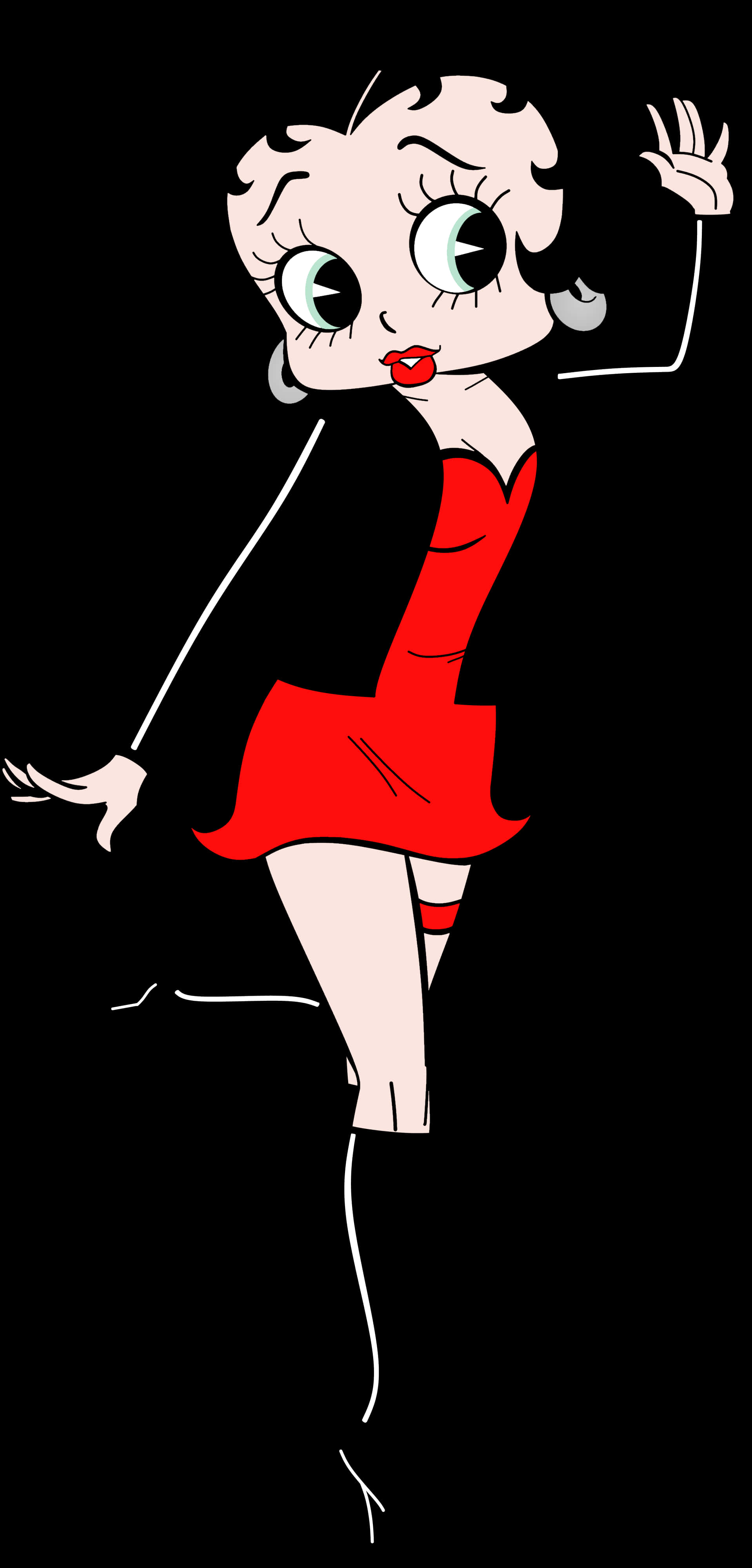 Clip Art 桌布 壁紙 — 經典卡通角色 Betty Boop 身穿紅色連衣裙和黑色外套，在黑色背景前擺出俏皮的姿勢。