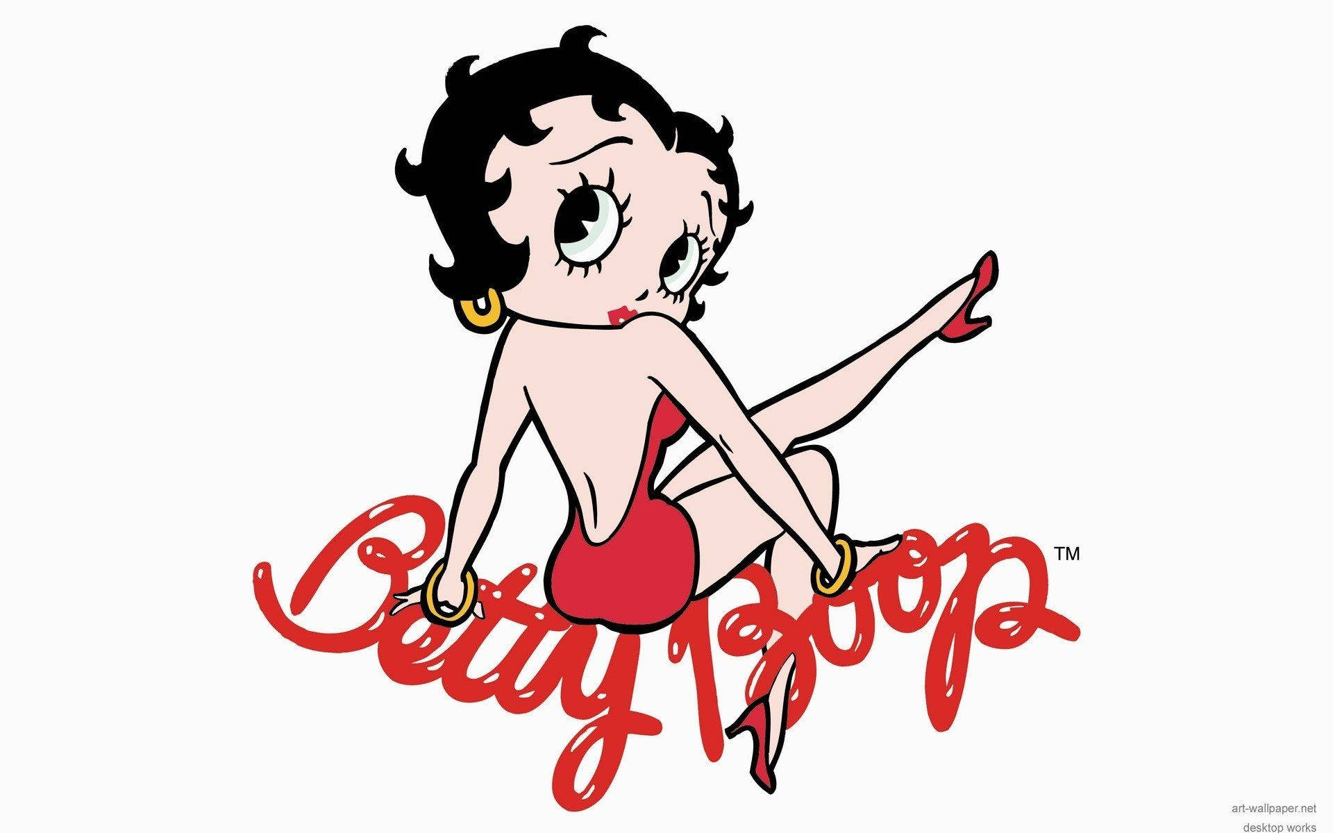 boop 桌布 壁紙 — 經典卡通角色 Betty Boop 身穿紅色連衣裙和高跟鞋，以簽名草書標誌擺姿勢。