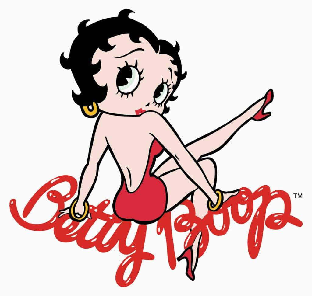貝蒂娃娃 桌布 壁紙 — 經典卡通角色 Betty Boop 穿著紅色連衣裙和高跟鞋擺姿勢，下方有簽名草書名字。