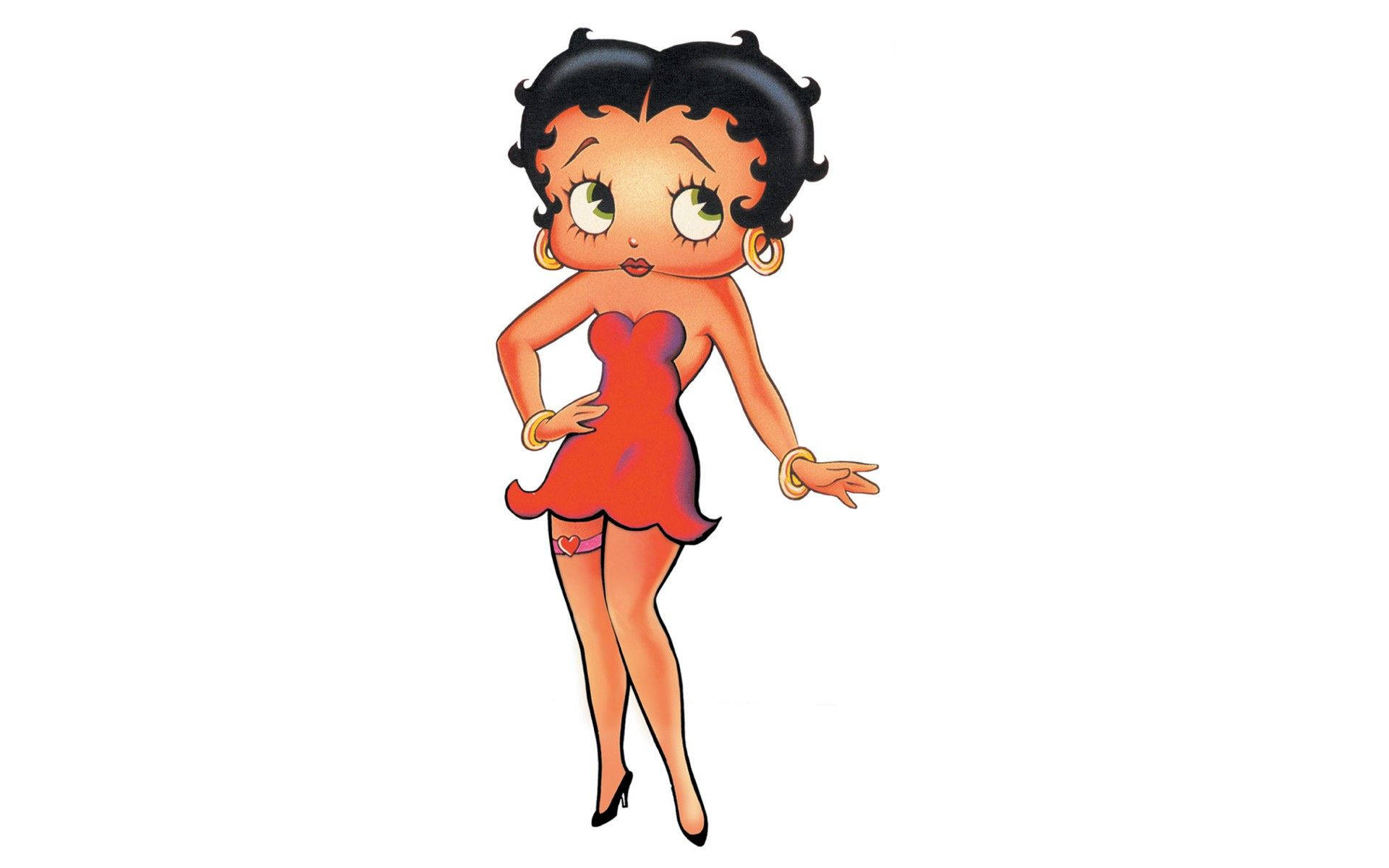 boop 桌布 壁紙 — 經典卡通角色 Betty Boop 身穿紅色連衣裙，黑色捲髮，戴著金色耳環。