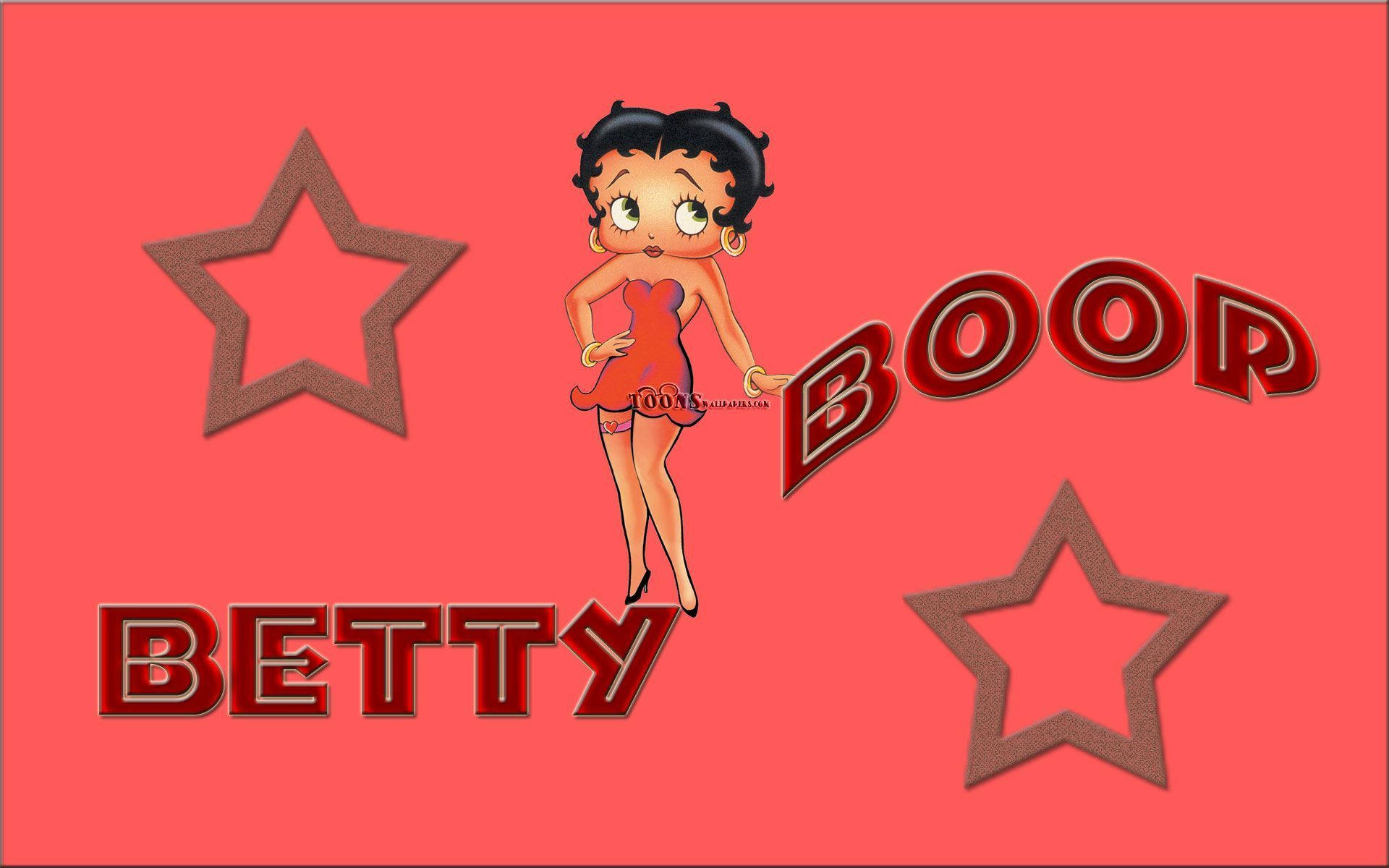 boop 桌布 壁紙 — 經典卡通角色 Betty Boop 身穿紅色連衣裙，在珊瑚色背景前擺姿勢，背景有星星和她的名字以粗體 3D 字母呈現。