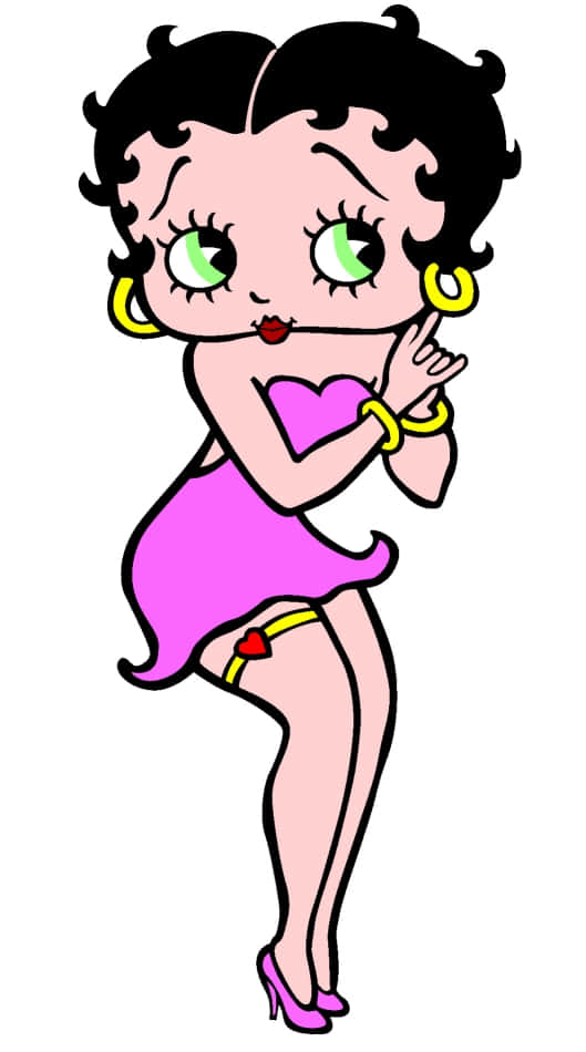 貝蒂娃娃 桌布 壁紙 — 經典卡通角色 Betty Boop 身穿粉紅色連衣裙和高跟鞋，手指放在嘴唇上擺出俏皮的姿勢。