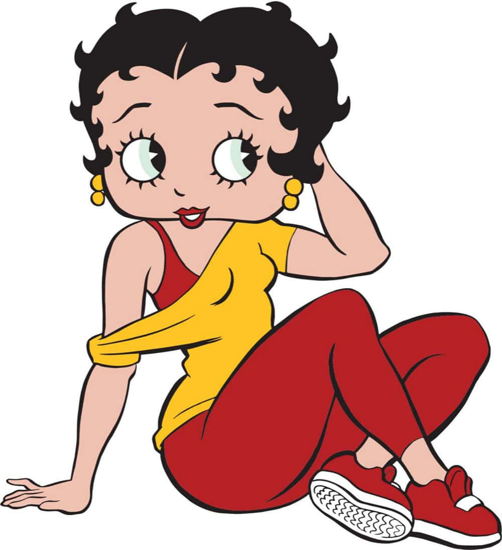 貝蒂娃娃 桌布 壁紙 — 經典卡通角色 Betty Boop 身穿鮮豔的紅黃色服裝，表情俏皮地隨意坐著。