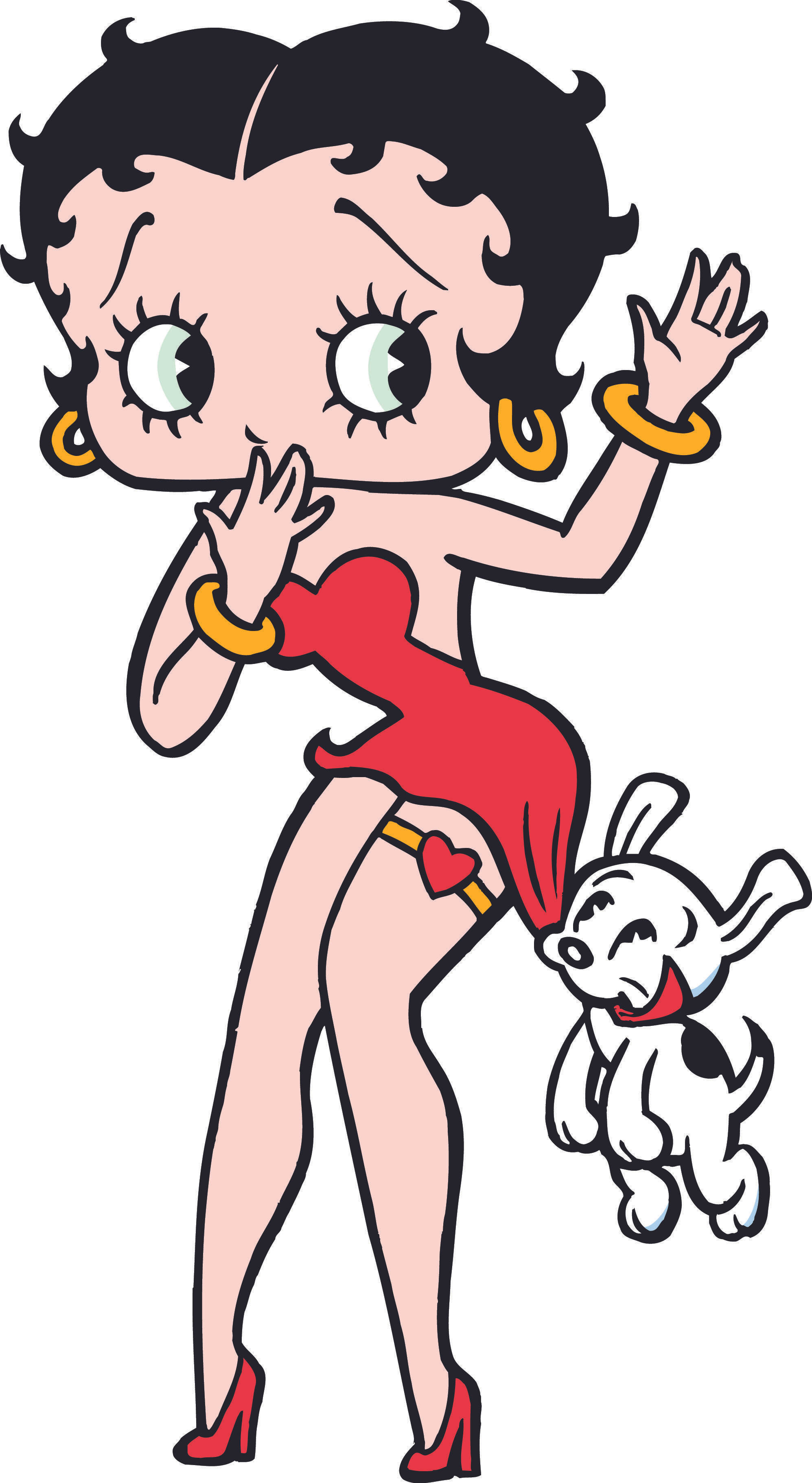 boop 桌布 壁紙 — 經典卡通角色 Betty Boop 身穿紅色服裝，旁邊有她的狗在揮手。