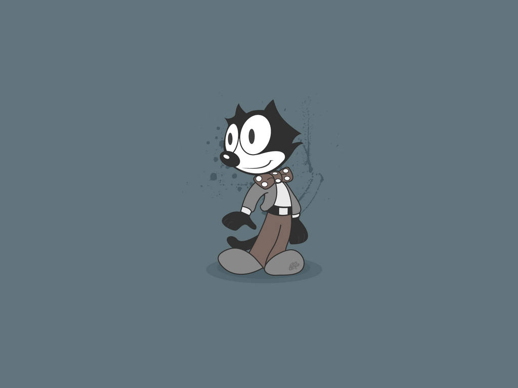 Felix 桌布 壁紙 — 經典卡通角色 Felix the Cat 在極簡灰色場景中微笑站立，帶有微妙的墨水飛濺效果。