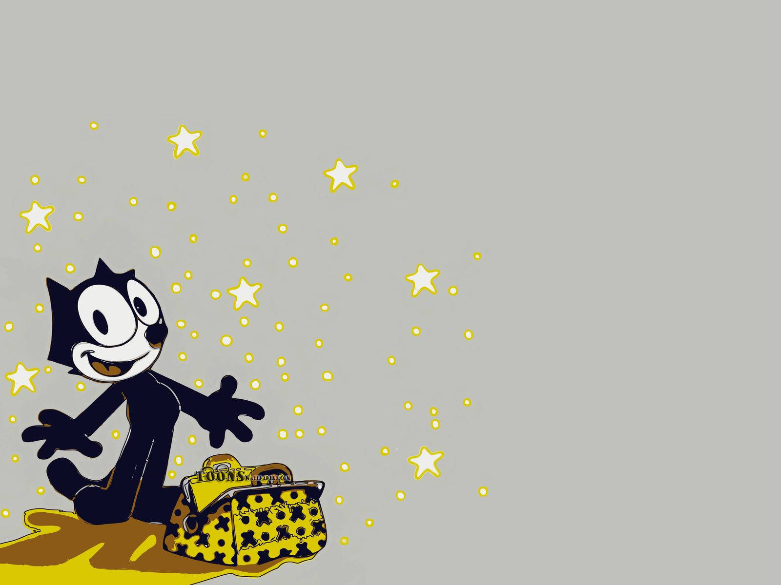 Felix 桌布 壁紙 — 經典卡通角色 Felix the Cat 快樂地坐在黃色地毯上，周圍有一個斑點袋和發光的星星。
