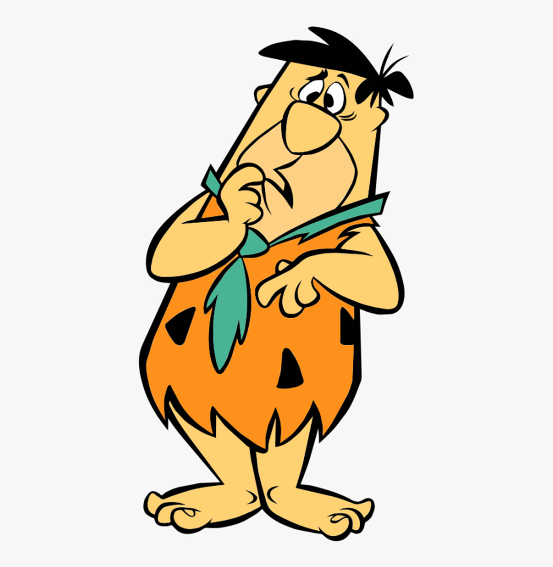 Flintstone 桌布 壁紙 — 經典卡通角色 Fred Flintstone 穿著其標誌性的橙色石器時代服裝，配綠色領帶，若有所思。