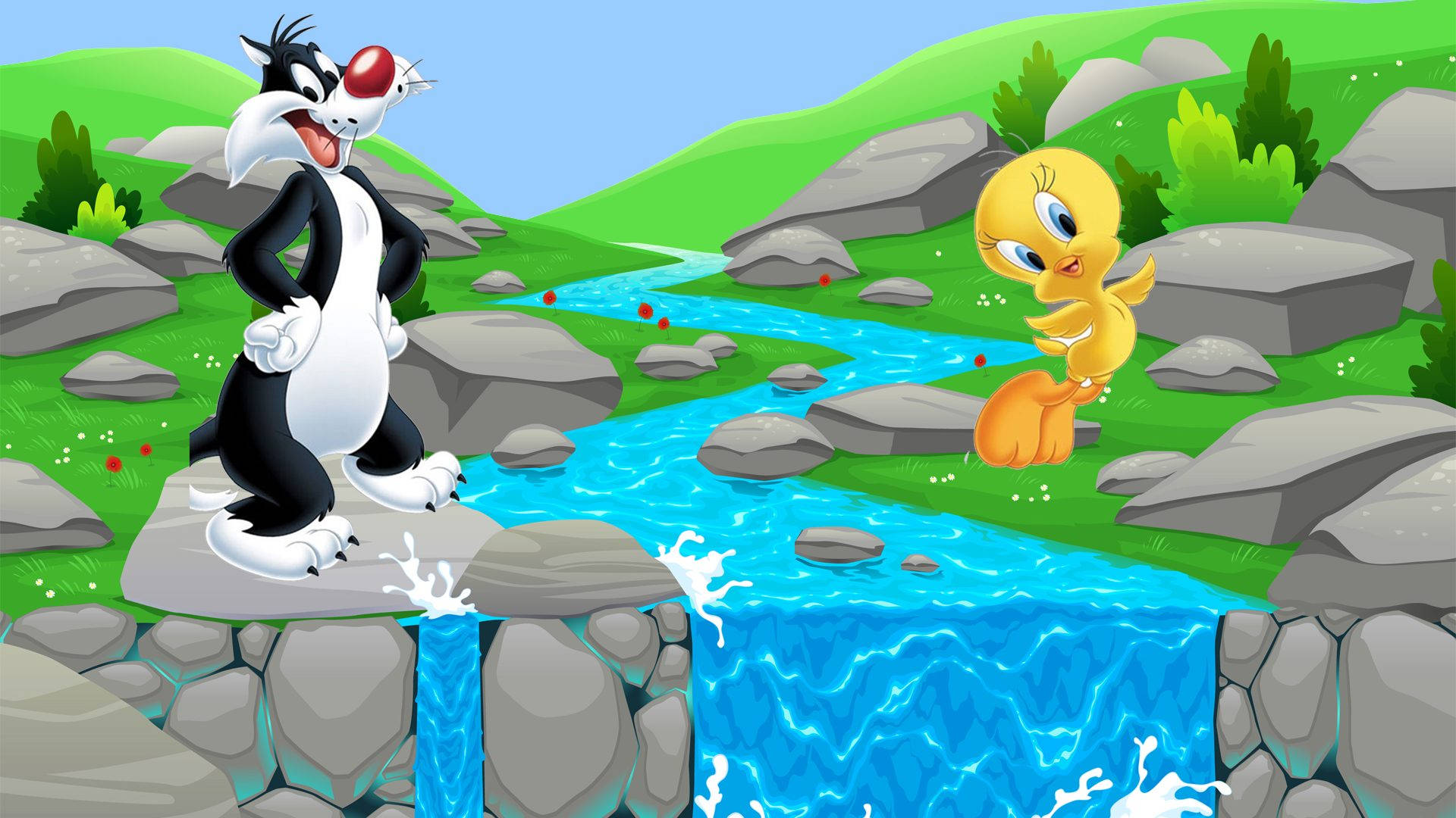 Sylvester 桌布 壁紙 — 經典卡通角色 Sylvester 和 Tweety 在一個充滿活力的綠色山谷中，隔著一條岩石小溪對峙。