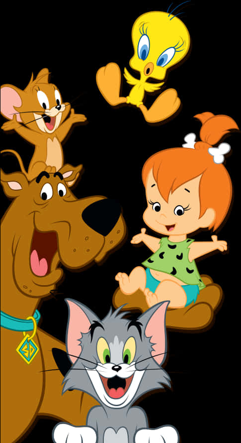 史酷比 桌布 壁紙 — 經典卡通角色 Tom Jerry Tweety Scooby Doo 和 Pebbles 在黑色背景前愉快地擺姿勢。
