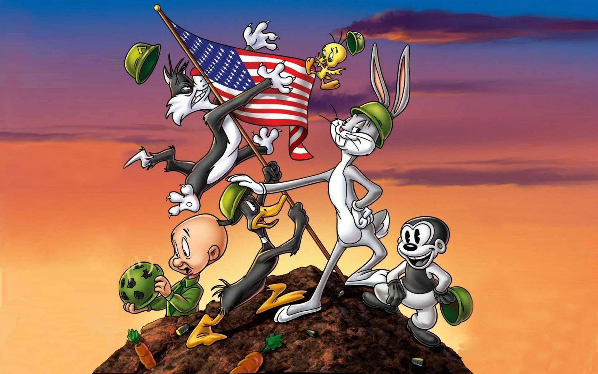 Sylvester 桌布 壁紙 — 經典卡通角色在山頂上慶祝，夕陽下揮舞美國國旗，表情歡樂。