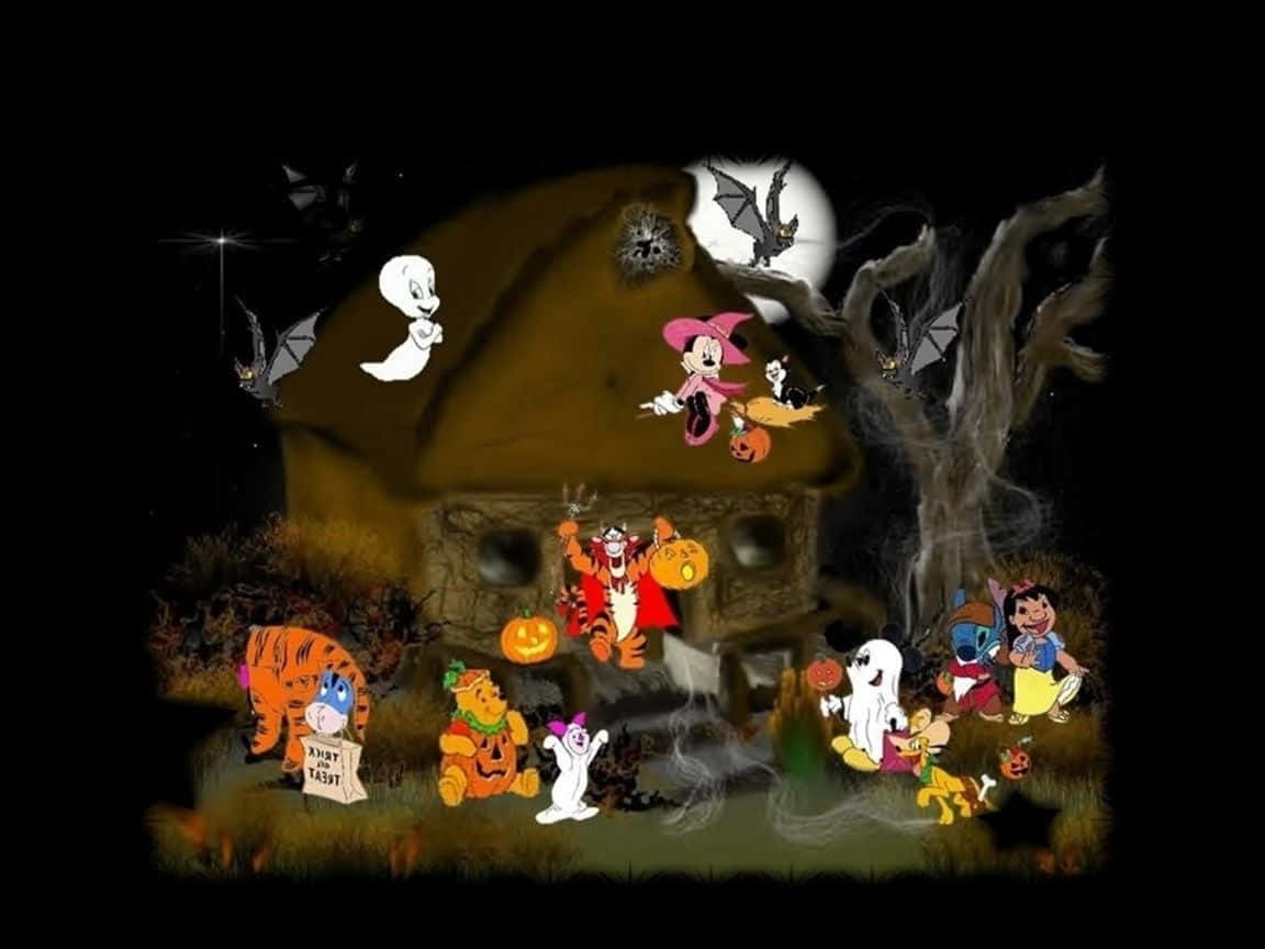 Animated Halloween 桌布 壁紙 — 經典卡通角色在滿月下的詭異鬼屋周圍慶祝萬聖節。