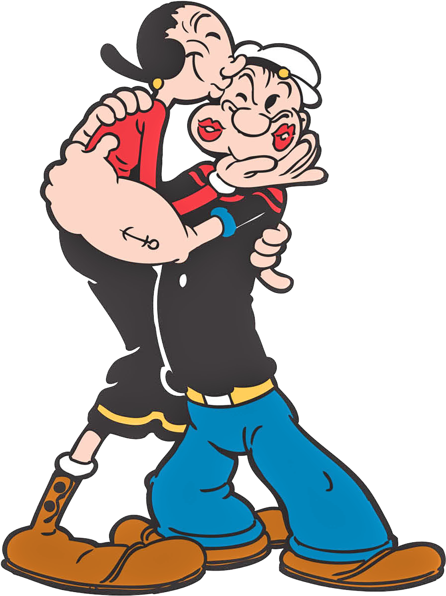 Cartoon Characters 桌布 壁紙 — 經典卡通角色大力水手和奧莉薇在一個快樂的親吻中擁抱，帶有粗線條和鮮豔色彩。