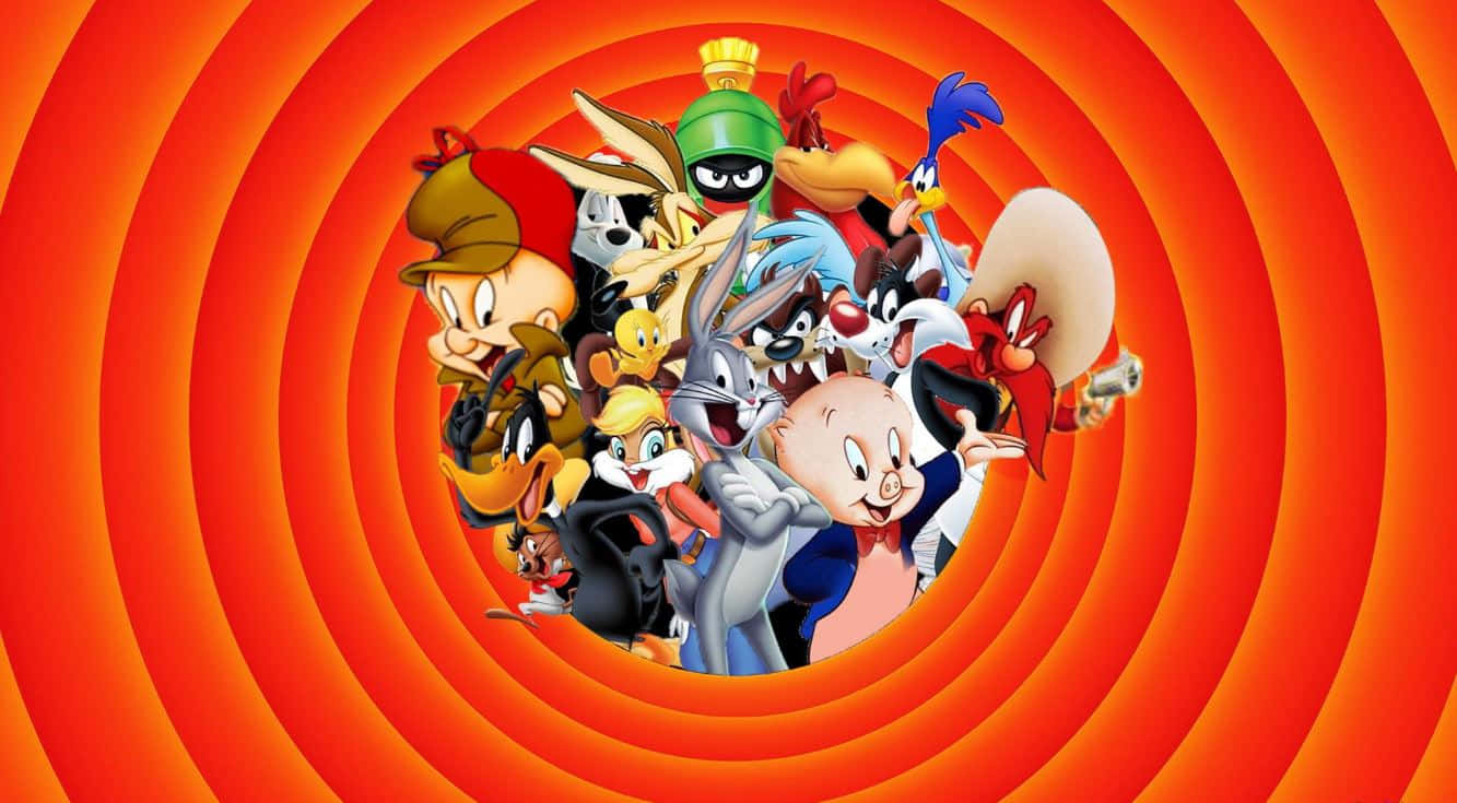 Cartoon Heroes 桌布 壁紙 — 經典卡通角色從旋轉的橙色漩渦中迸發而出，形成充滿活力、動感十足的構圖。