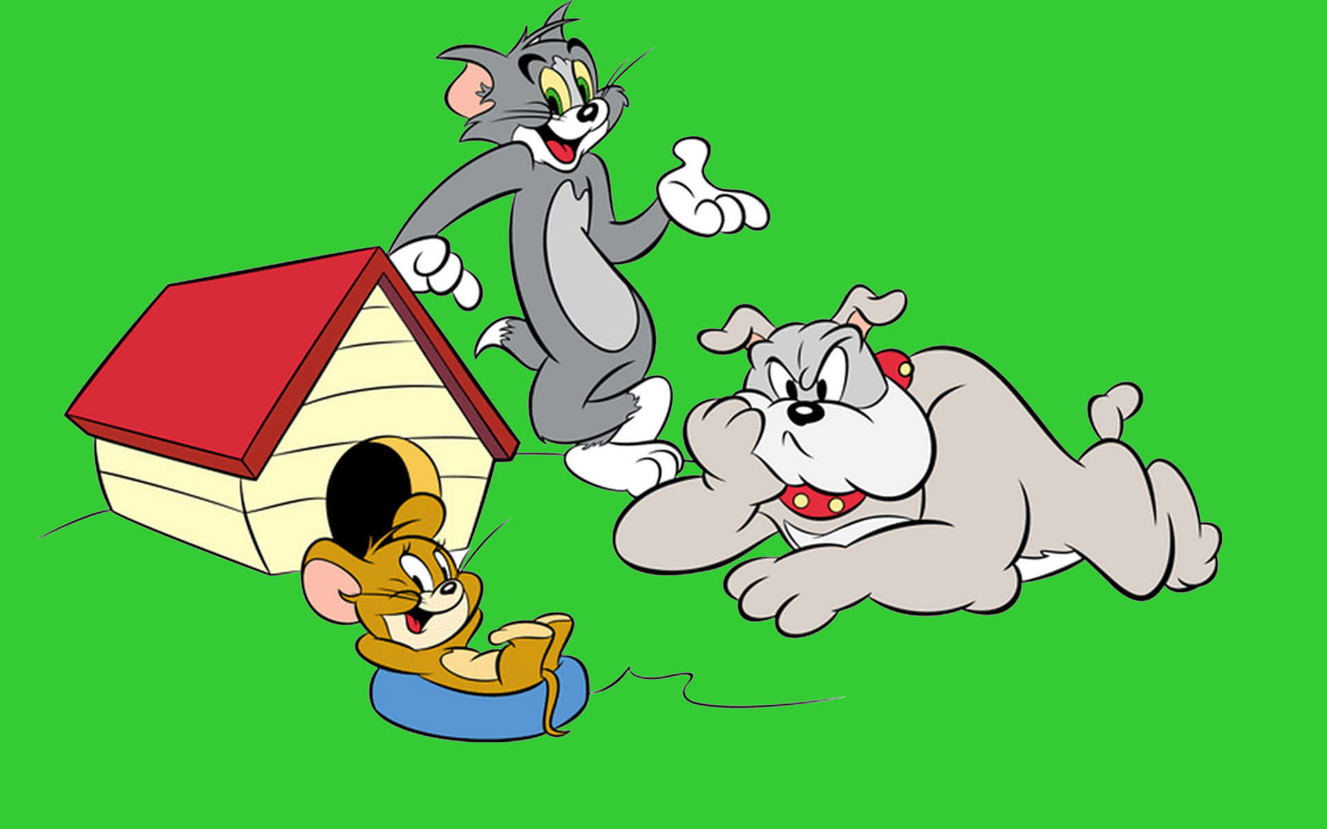 Tom And Jerry Funny 桌布 壁紙 — 經典卡通角色湯姆、傑利和史派克在一個帶有小狗屋的純綠色背景前愉快地擺姿勢。