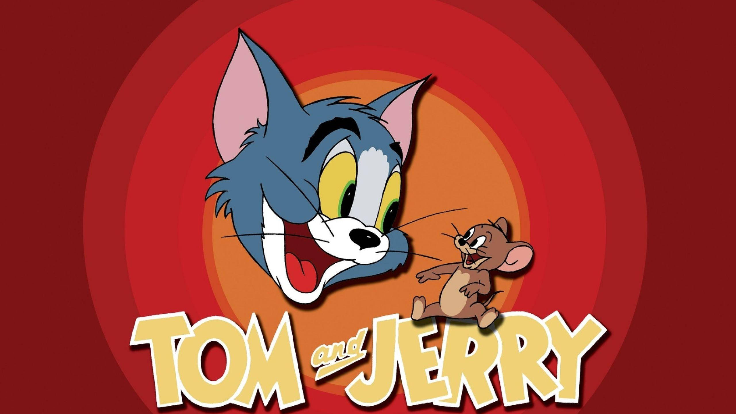 Tom And Jerry Cartoon 桌布 壁紙 — 經典卡通角色湯姆和傑瑞在鮮明的紅色同心圓背景前對峙，並帶有風格化的標題文字。