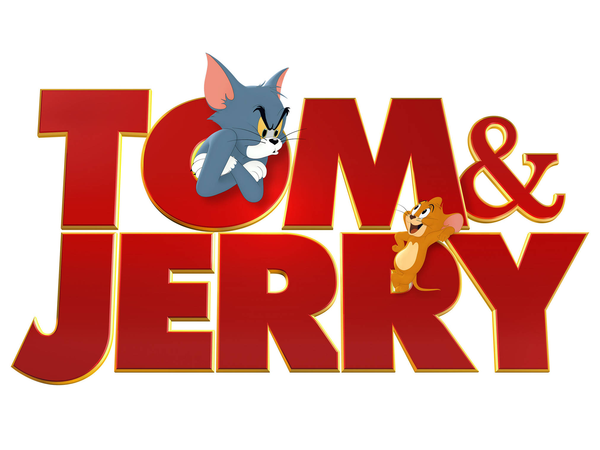 tom and jerry iPhone 桌布 壁紙 — 經典卡通角色湯姆與傑利在潔白背景上，從大膽的紅色3D字體中頑皮地探出頭來。