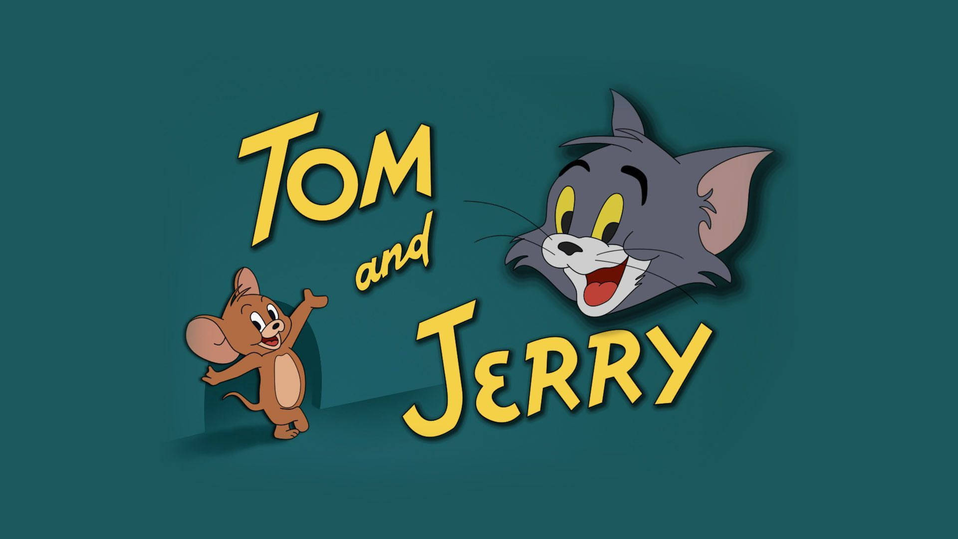 Jerry 桌布 壁紙 — 經典卡通角色湯姆與傑瑞以鮮黃色文字呈現在青綠色背景上。