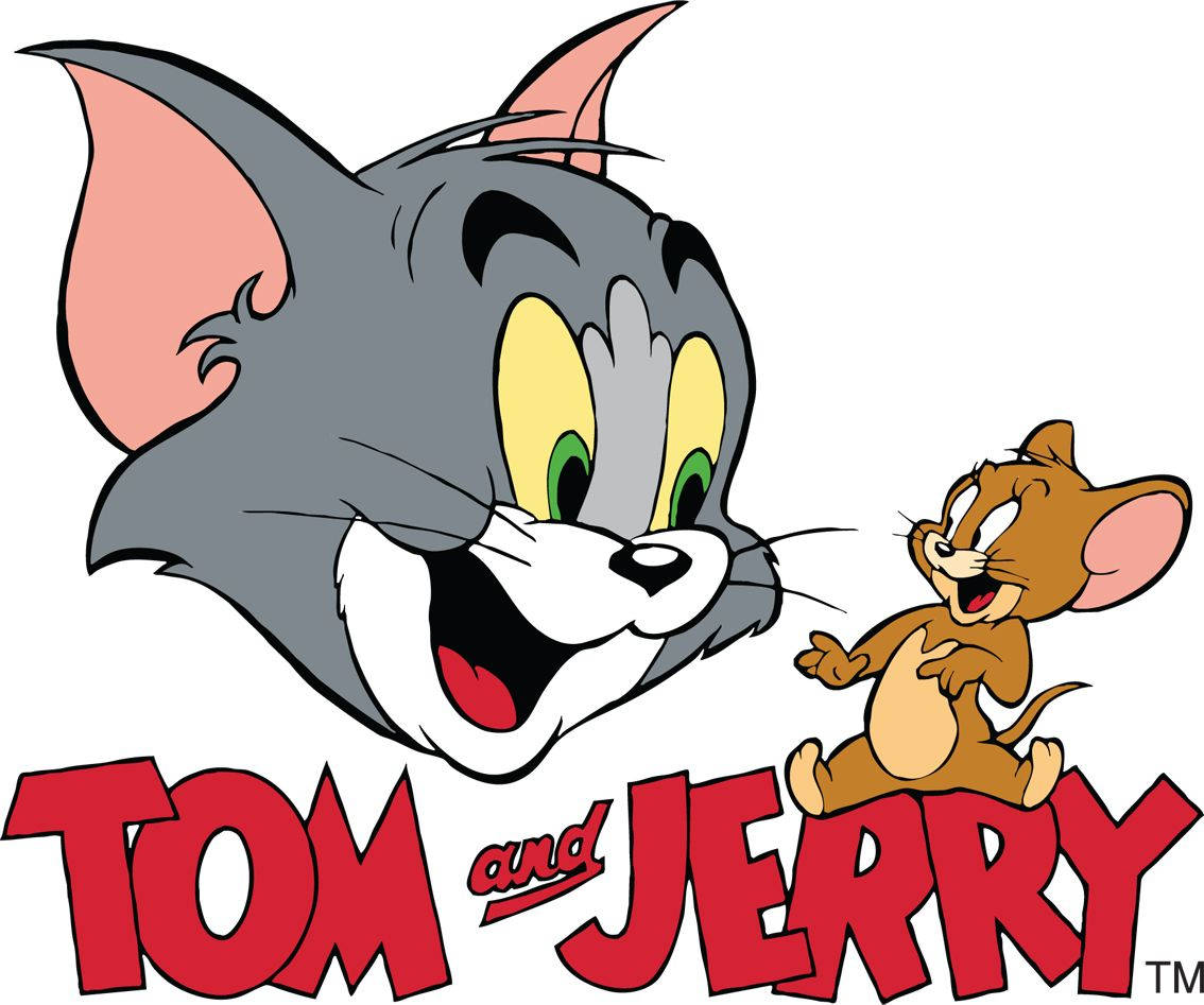 Jerry 桌布 壁紙 — 經典卡通角色湯姆貓與傑利鼠在粗體紅色標題文字上方狡黠地咧嘴笑。