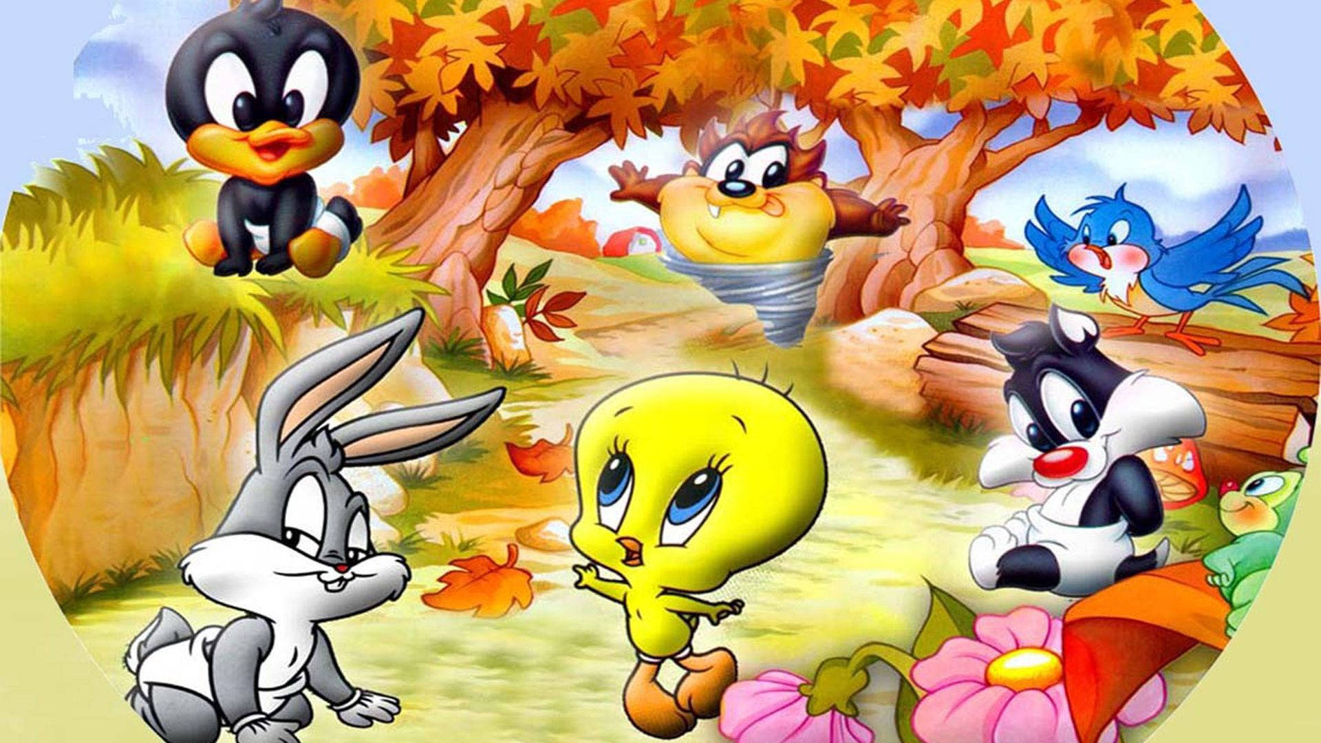 Sylvester 桌布 壁紙 — 經典卡通角色聚集在充滿活力的秋日森林中，落葉繽紛，花朵色彩斑斕。