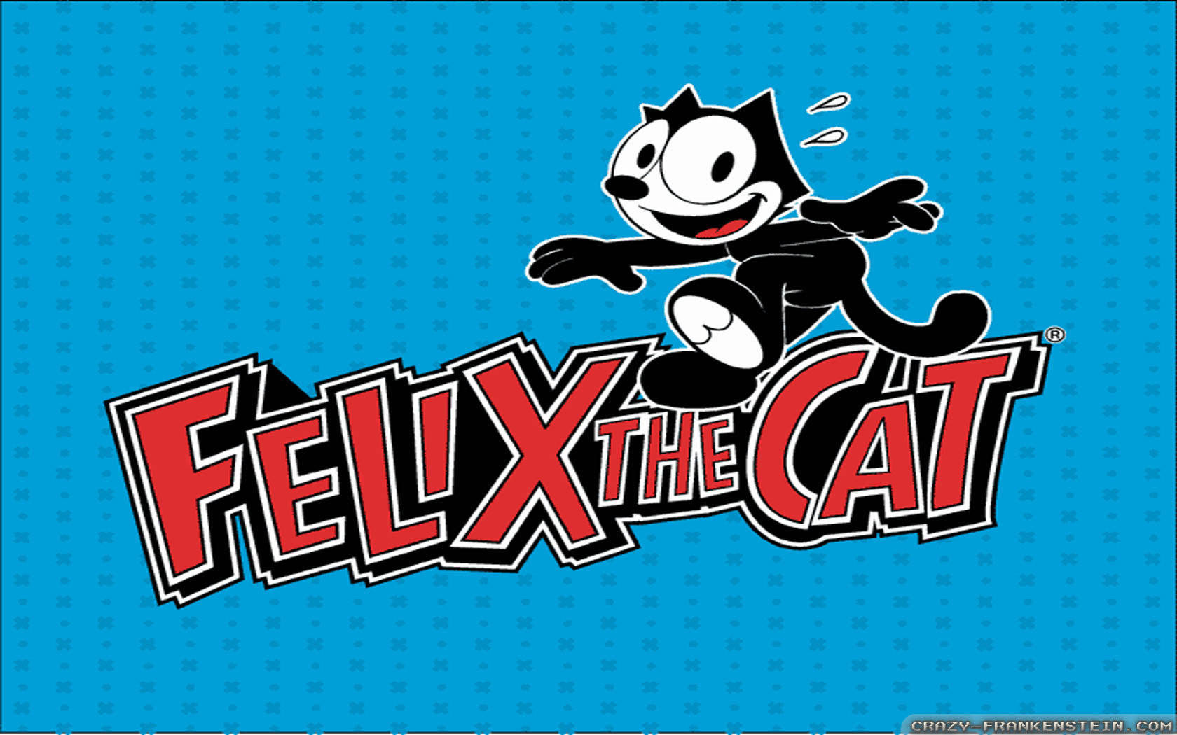 Felix 桌布 壁紙 — 經典卡通貓 Felix the Cat 愉快地跳躍在藍色背景上帶有微妙十字圖案的粗體紅色標誌文字上方。