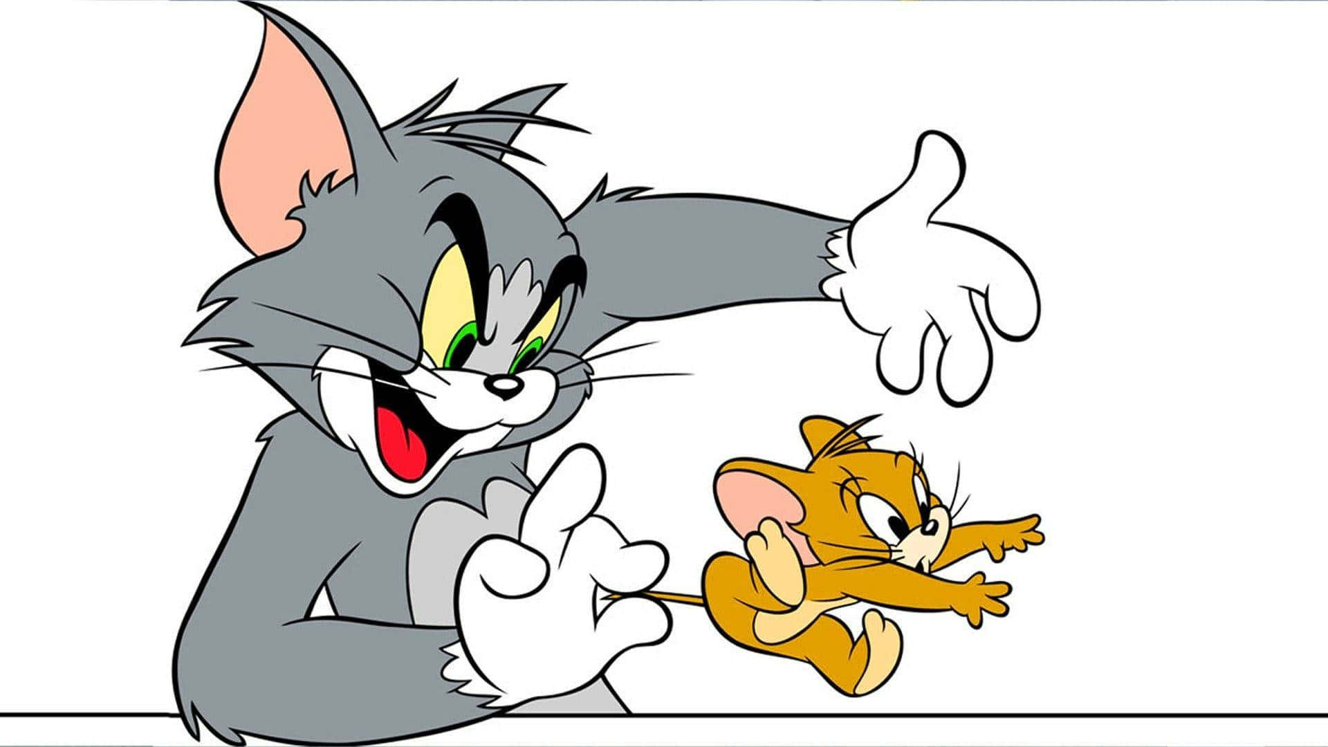 Tom And Jerry Funny 桌布 壁紙 — 經典卡通貓 Tom 咧嘴狂笑，在純白背景上追逐老鼠 Jerry。