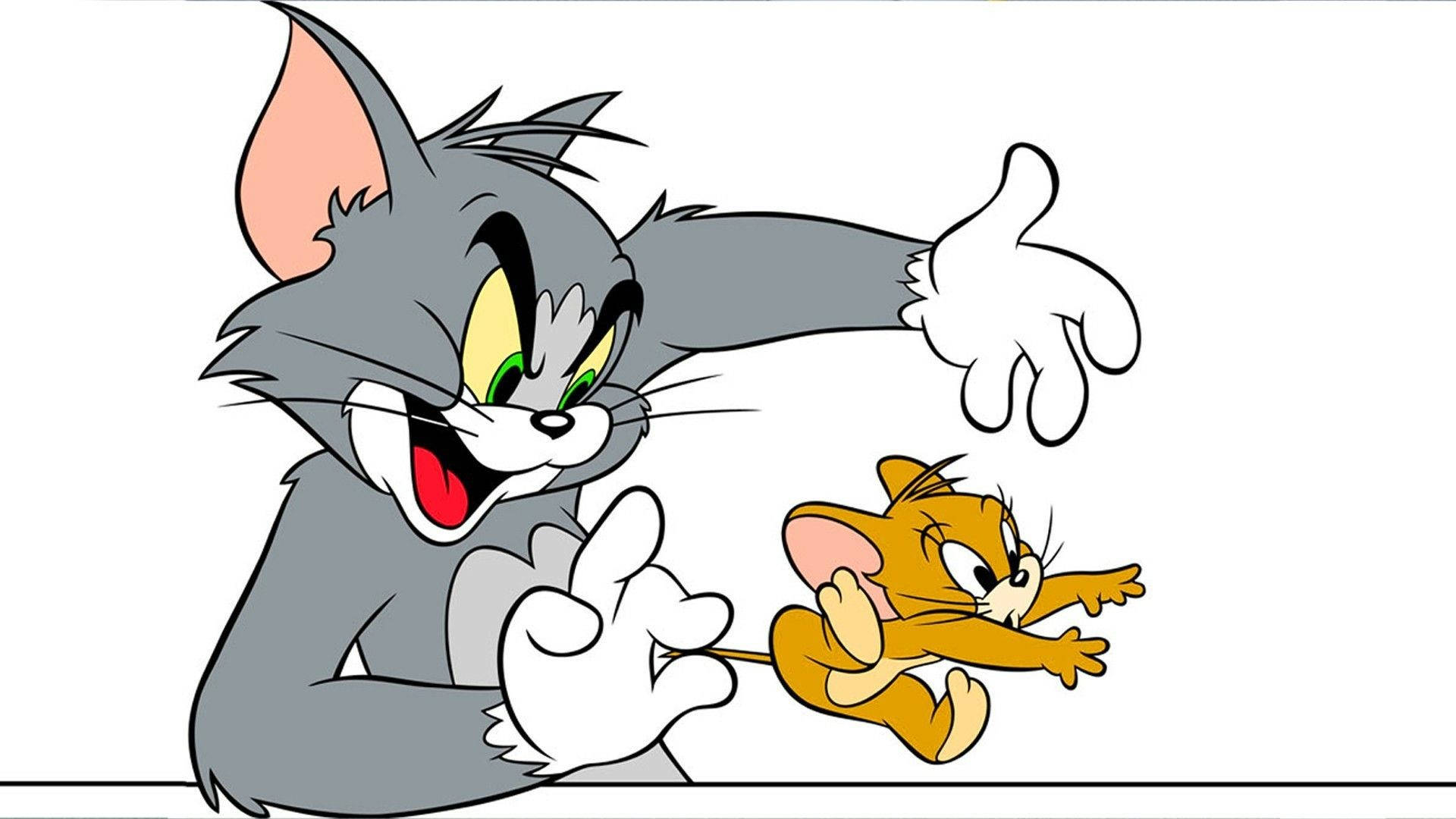 Tom 桌布 壁紙 — 經典卡通貓 Tom 在純白背景上狂笑著追逐小老鼠 Jerry。