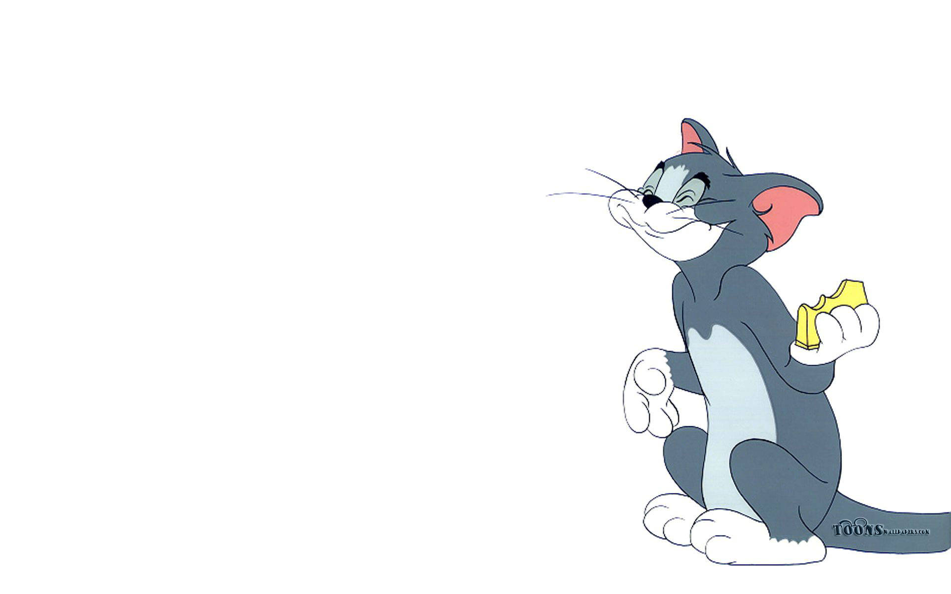 tom and jerry iPhone 桌布 壁紙 — 經典卡通貓 Tom 自豪地坐在純白色背景前，拿著一塊起司。