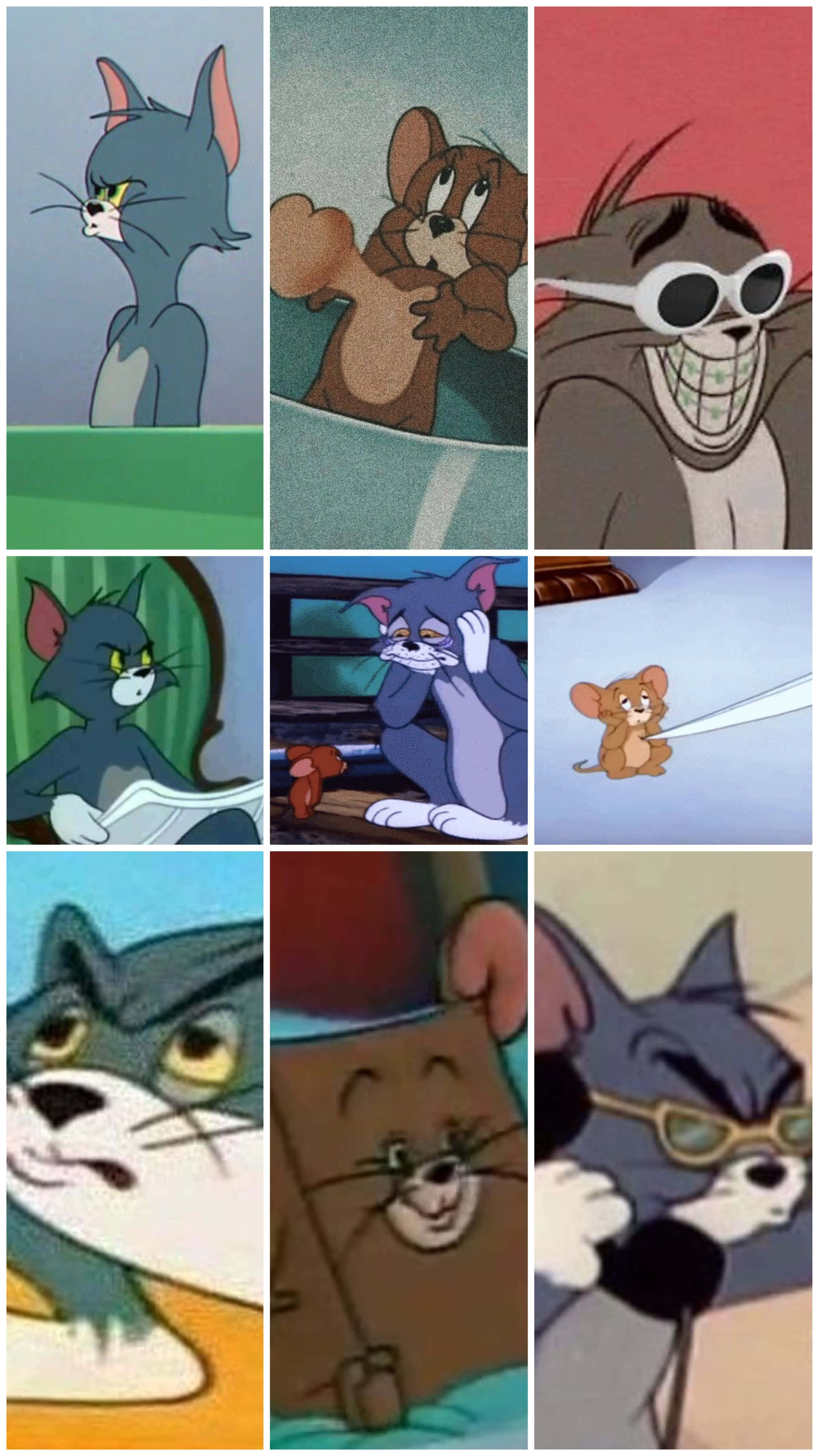 Tom And Jerry Funny 桌布 壁紙 — 經典卡通貓和老鼠角色以各種富有表現力的姿勢和服裝拼貼而成。