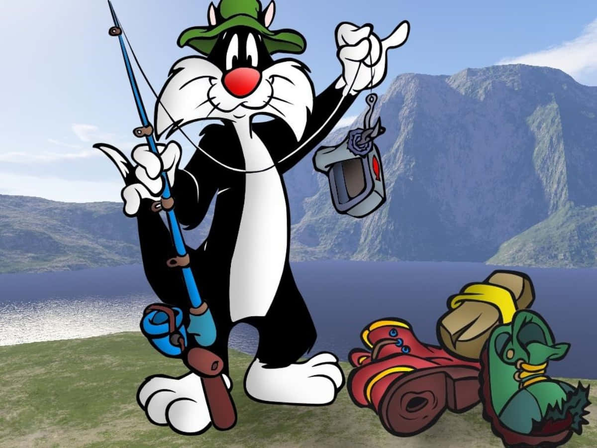 Sylvester The Cat 桌布 壁紙 — 經典卡通貓戴著綠色帽子，在山湖邊釣魚時自豪地展示捕獲的魚。
