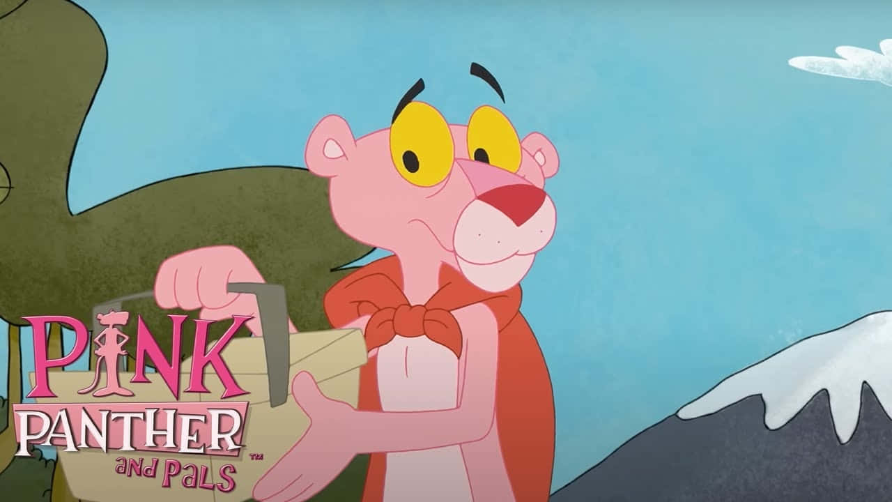 Pink Panther 桌布 壁紙 — 經典卡通風格的粉紅豹在晴朗藍天下，以雪山為背景舉著一個標牌。