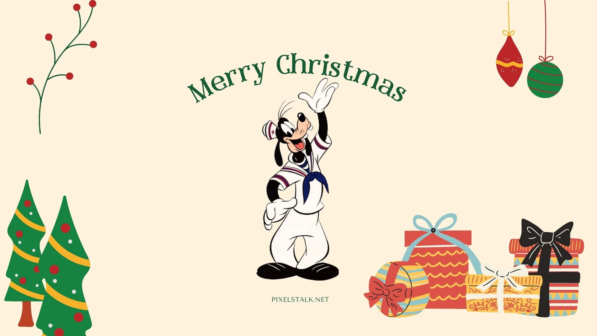 Disney Christmas iPad 桌布 壁紙 — 經典卡通高飛在柔軟的米色背景前，在色彩繽紛的聖誕禮物和裝飾樹旁愉快地揮手。