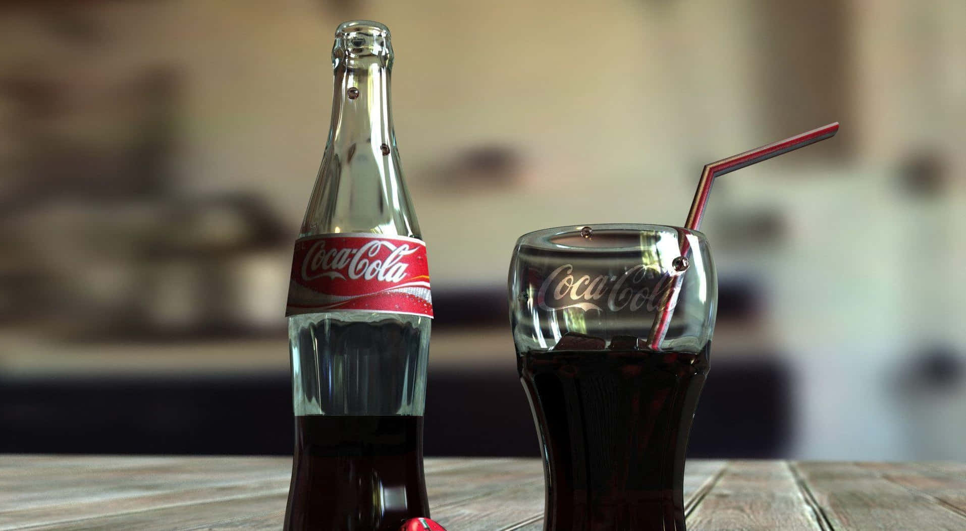 coca cola 桌布 壁紙 — 經典可口可樂瓶和帶紅色吸管的玻璃杯放在木桌上，室內光線柔和。